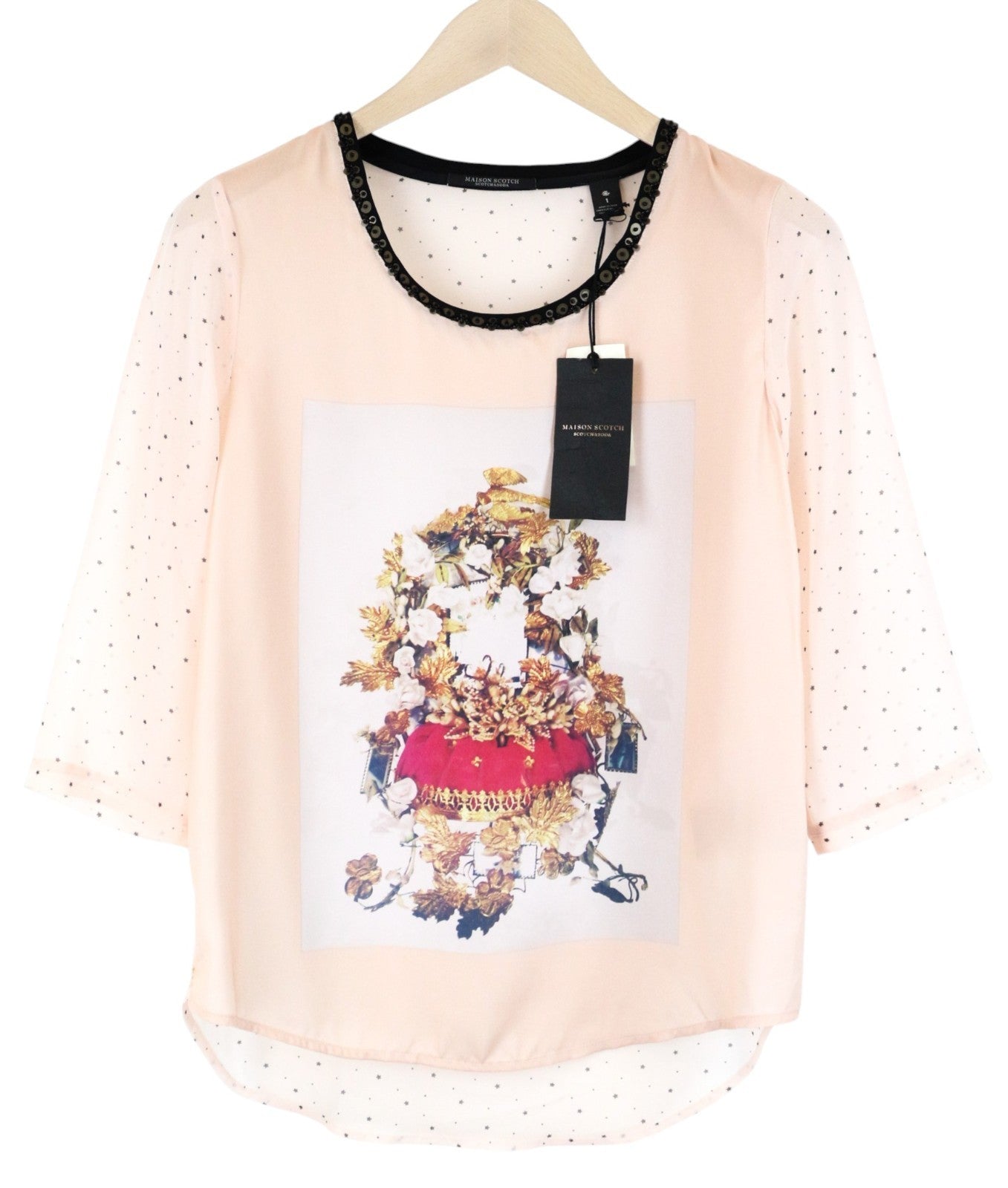 MAISON SCOTCH Women T-Shirt S Light Pink Star Pattern Logo Print Lightweight