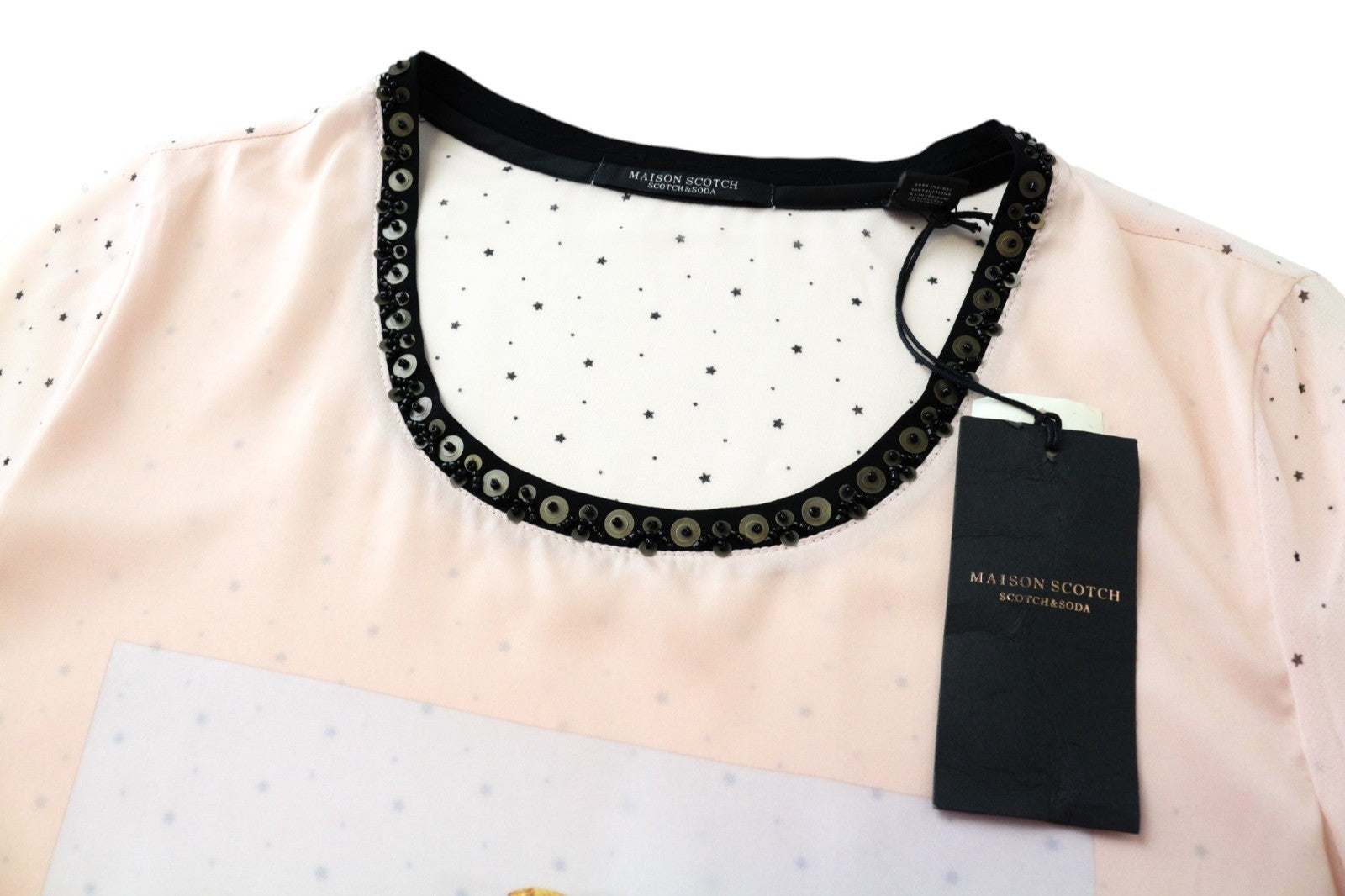 MAISON SCOTCH Women T-Shirt S Light Pink Star Pattern Logo Print Lightweight
