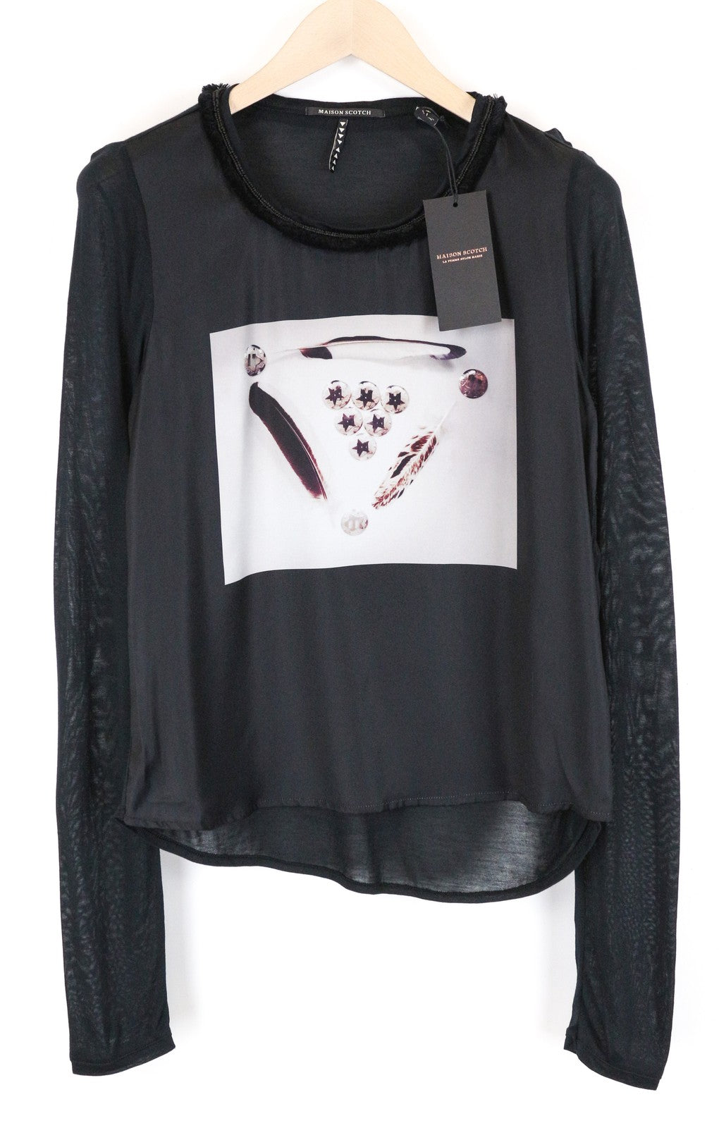 MAISON SCOTCH Women T-Shirt S Black Print Lightweight Long Sleeved Round Neck