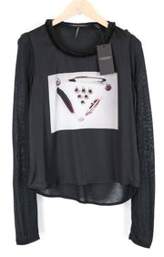 MAISON SCOTCH Women T-Shirt S Black Print Lightweight Long Sleeved Round Neck