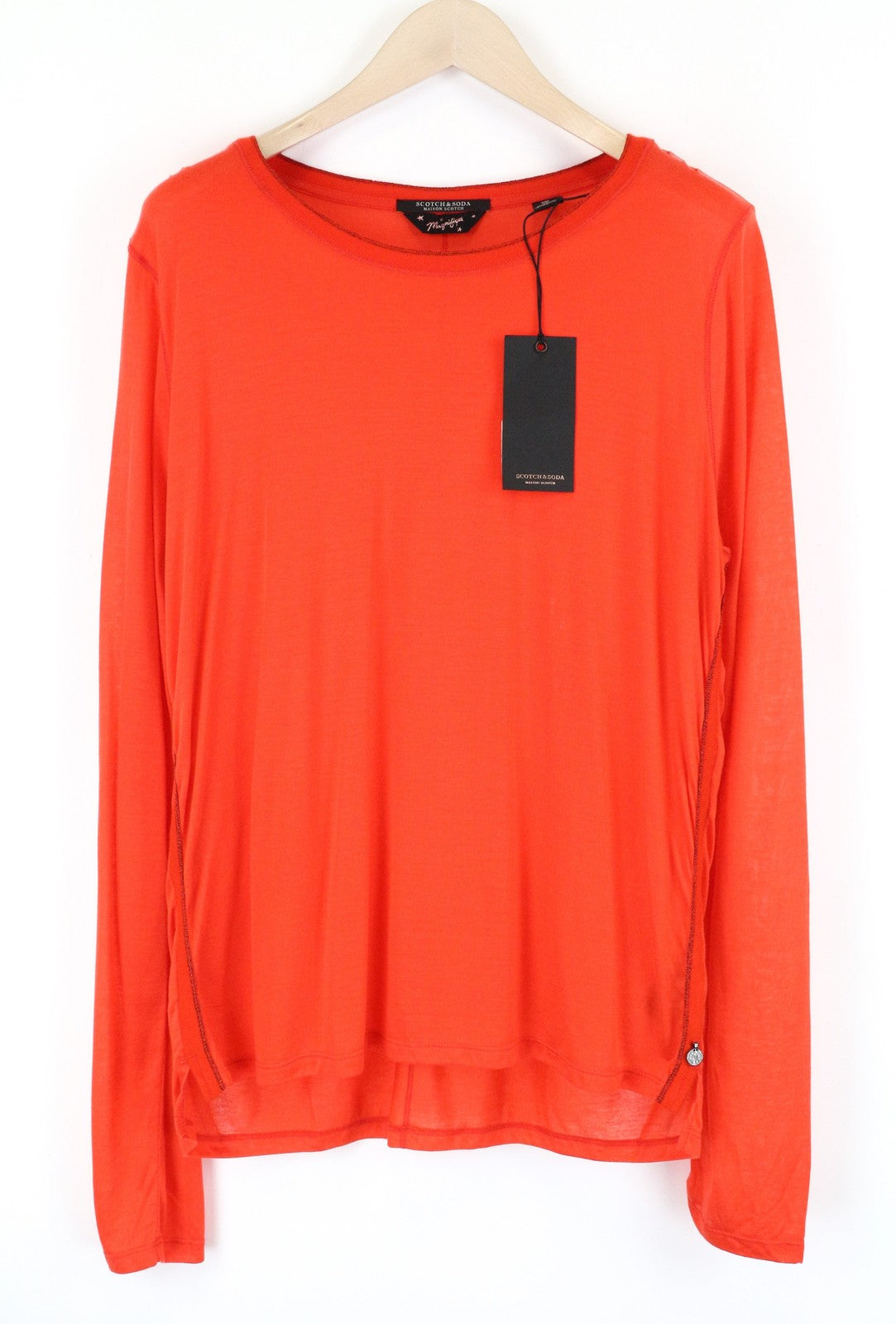 MAISON SCOTCH Women T-Shirt XL Red See-Through Long Sleeved Round Neck Pull On