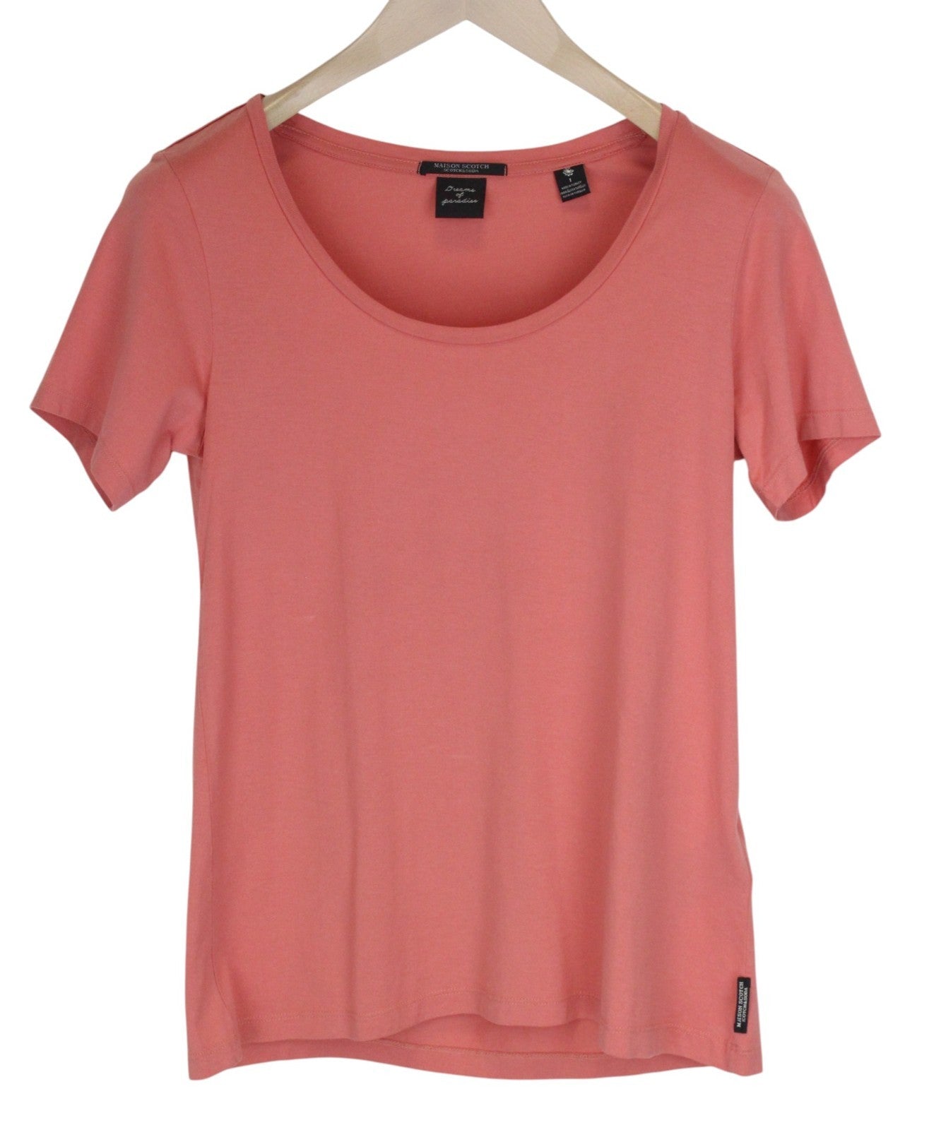 MAISON SCOTCH Women T-Shirt S Pink Pure Cotton Short Sleeved Round Neck Pull On