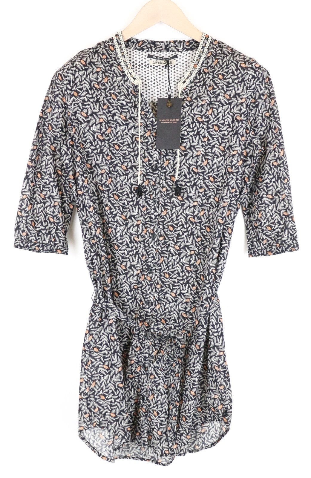 MAISON SCOTCH Women Dress M Black Patterned 3/4 Sleeve Lightweight Belted