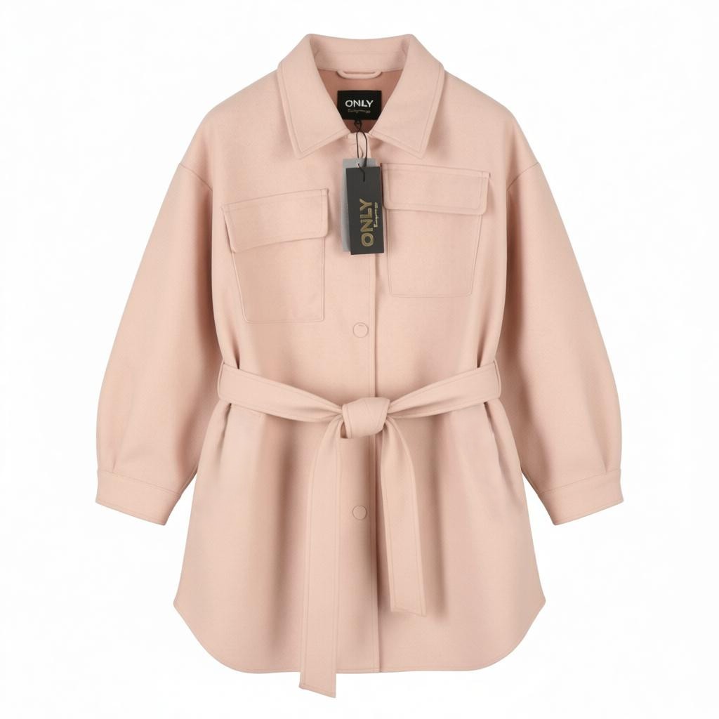 ONLY Dawn BF Shacket Women Coat M Light Pink Melange Belted Snap Closure