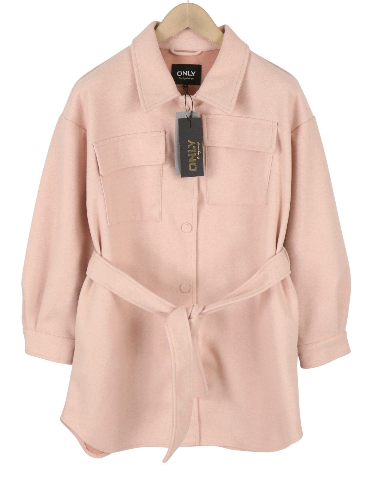 ONLY Dawn BF Shacket Women Coat M Light Pink Melange Belted Snap Closure
