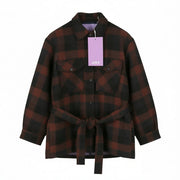 JJXX Blanca Overshirt Women Coat S Black Plaid Belted Snap Button Wool Blend