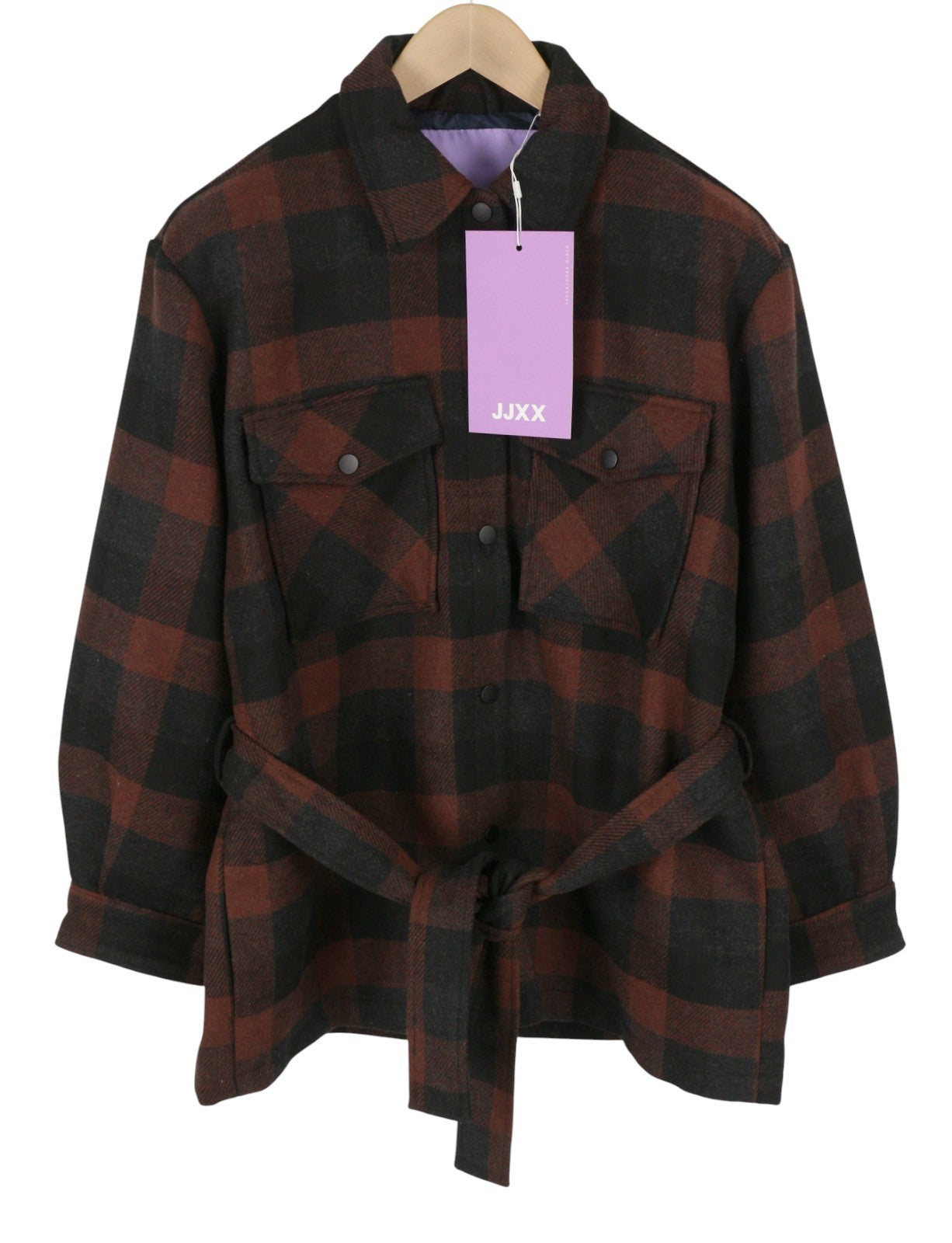 JJXX Blanca Overshirt Women Coat S Black Plaid Belted Snap Button Wool Blend
