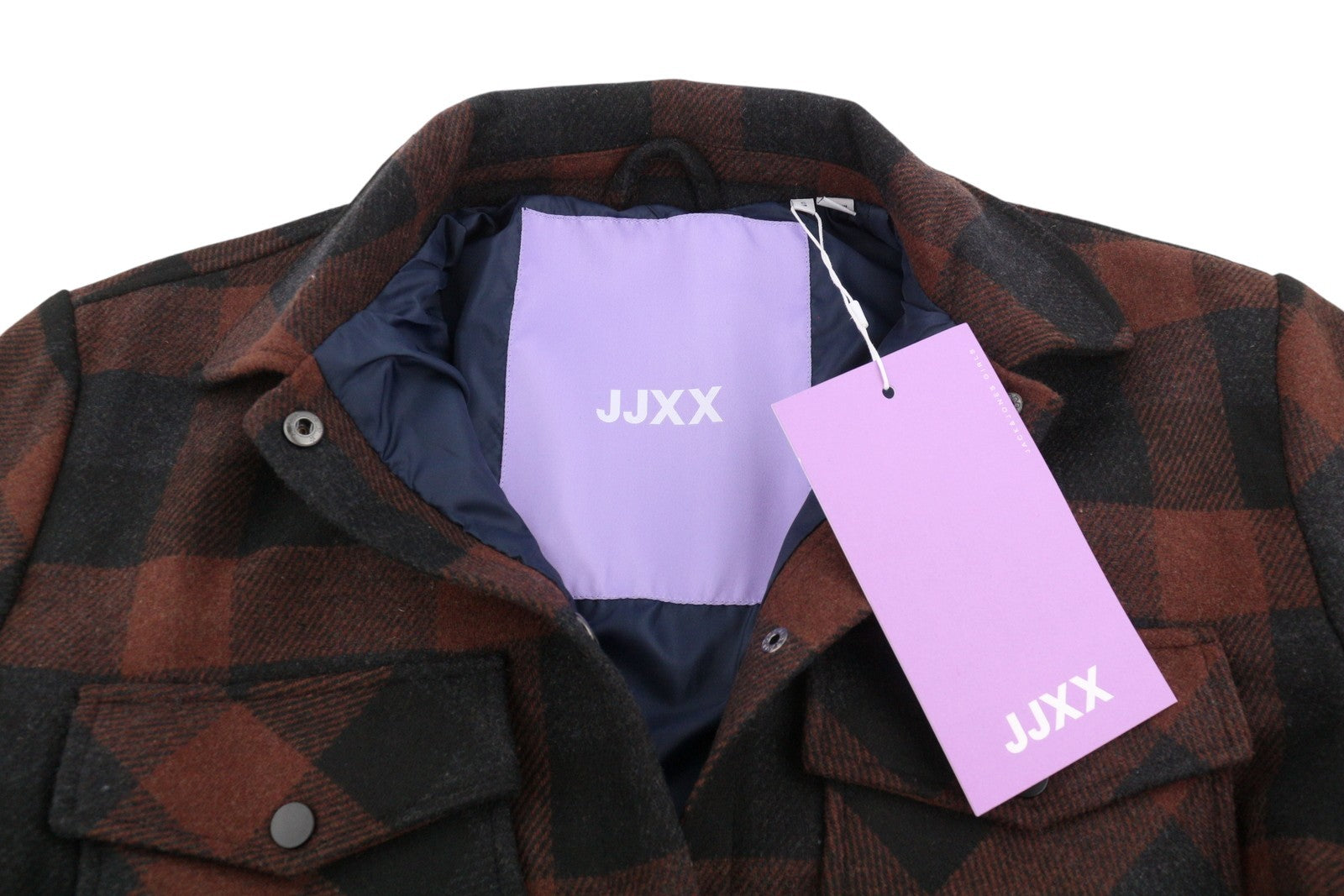 JJXX Blanca Overshirt Women Coat S Black Plaid Belted Snap Button Wool Blend