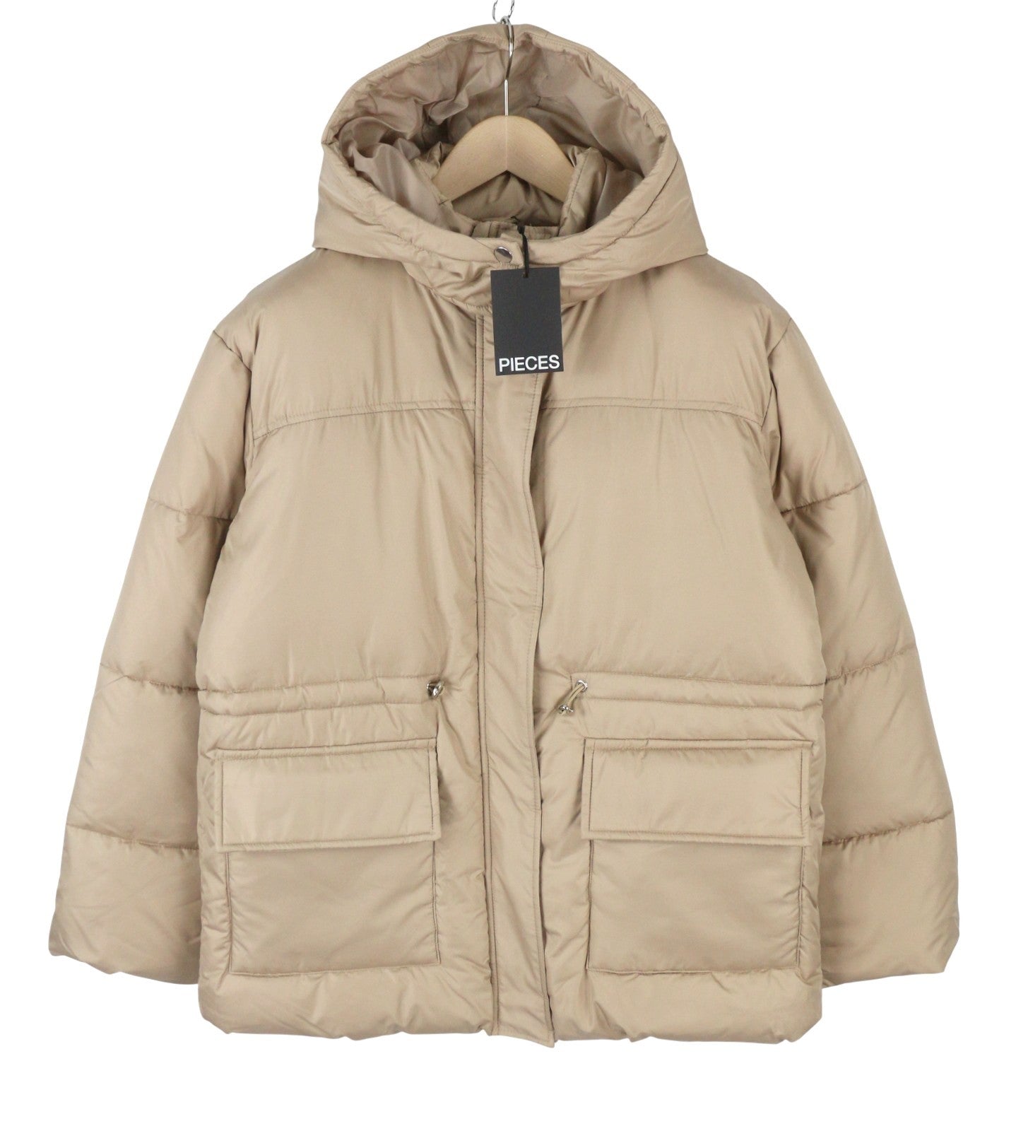 PIECES Louie Short Puffer Women Jacket S Silver Mink Quilted Hooded Zip Coat