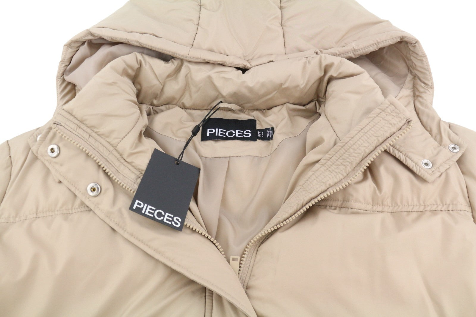 PIECES Louie Short Puffer Women Jacket S Silver Mink Quilted Hooded Zip Coat