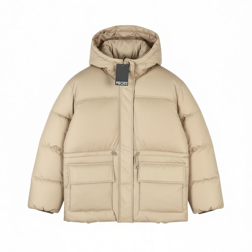 PIECES Louie Short Puffer Women Jacket XS Silver Mink Quilted Hooded Zip Coat