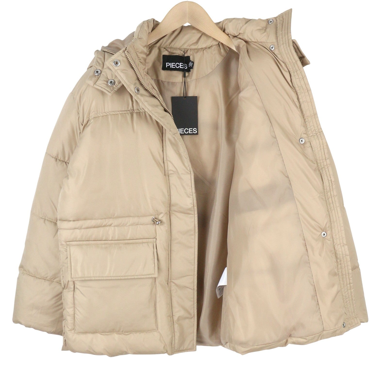 PIECES Louie Short Puffer Women Jacket XS Silver Mink Quilted Hooded Zip Coat