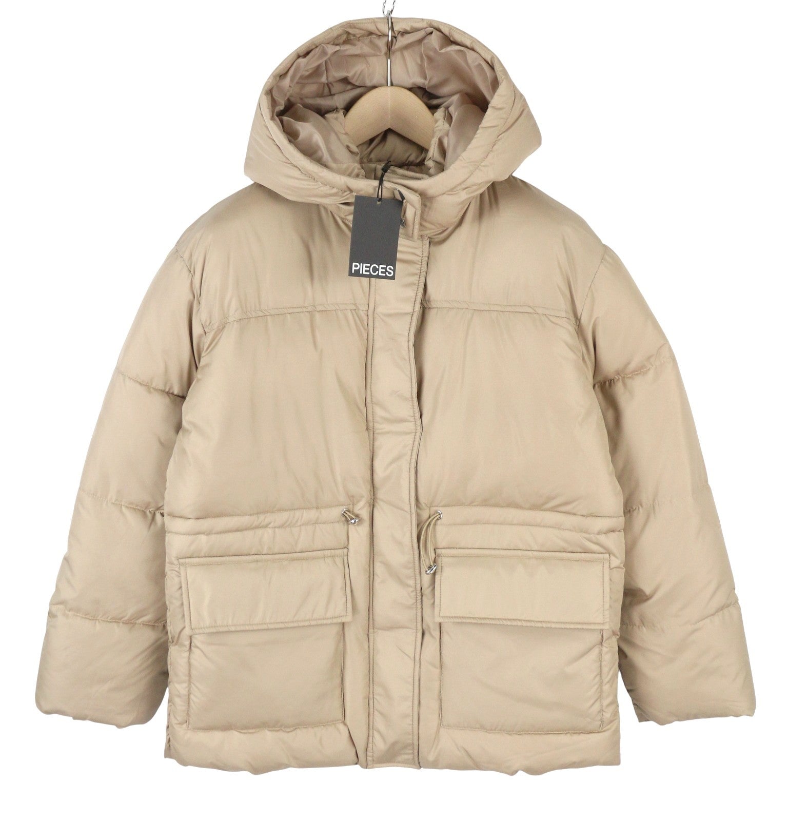 PIECES Louie Short Puffer Women Jacket XS Silver Mink Quilted Hooded Zip Coat