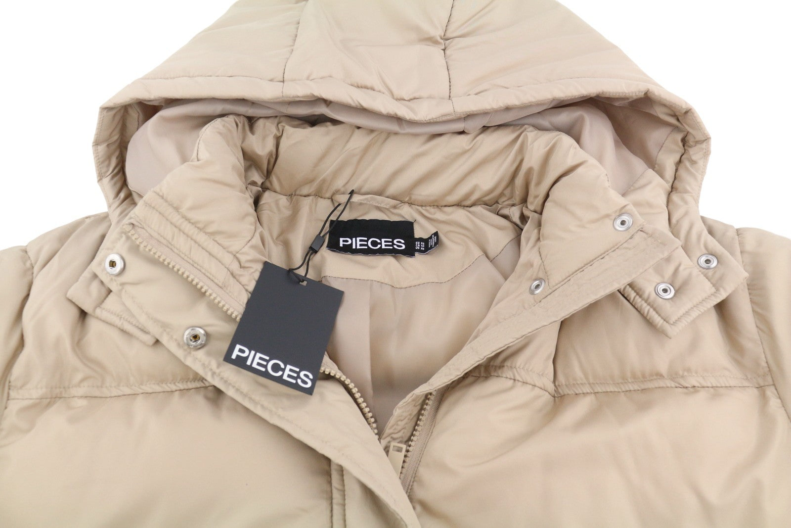 PIECES Louie Short Puffer Women Jacket XS Silver Mink Quilted Hooded Zip Coat