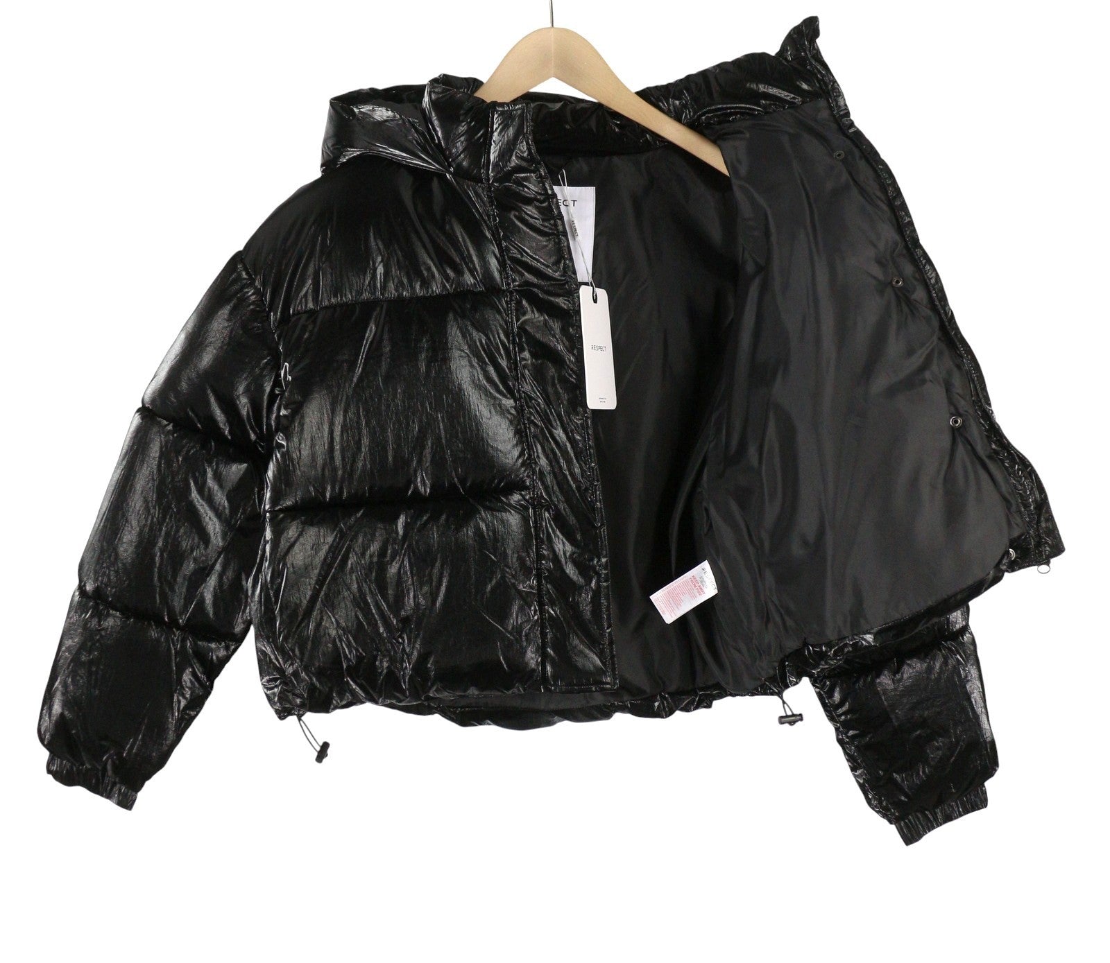 RESPECT Cropped Metallic Puffer Women Jacket L Black Hooded Quilted Zip Coat