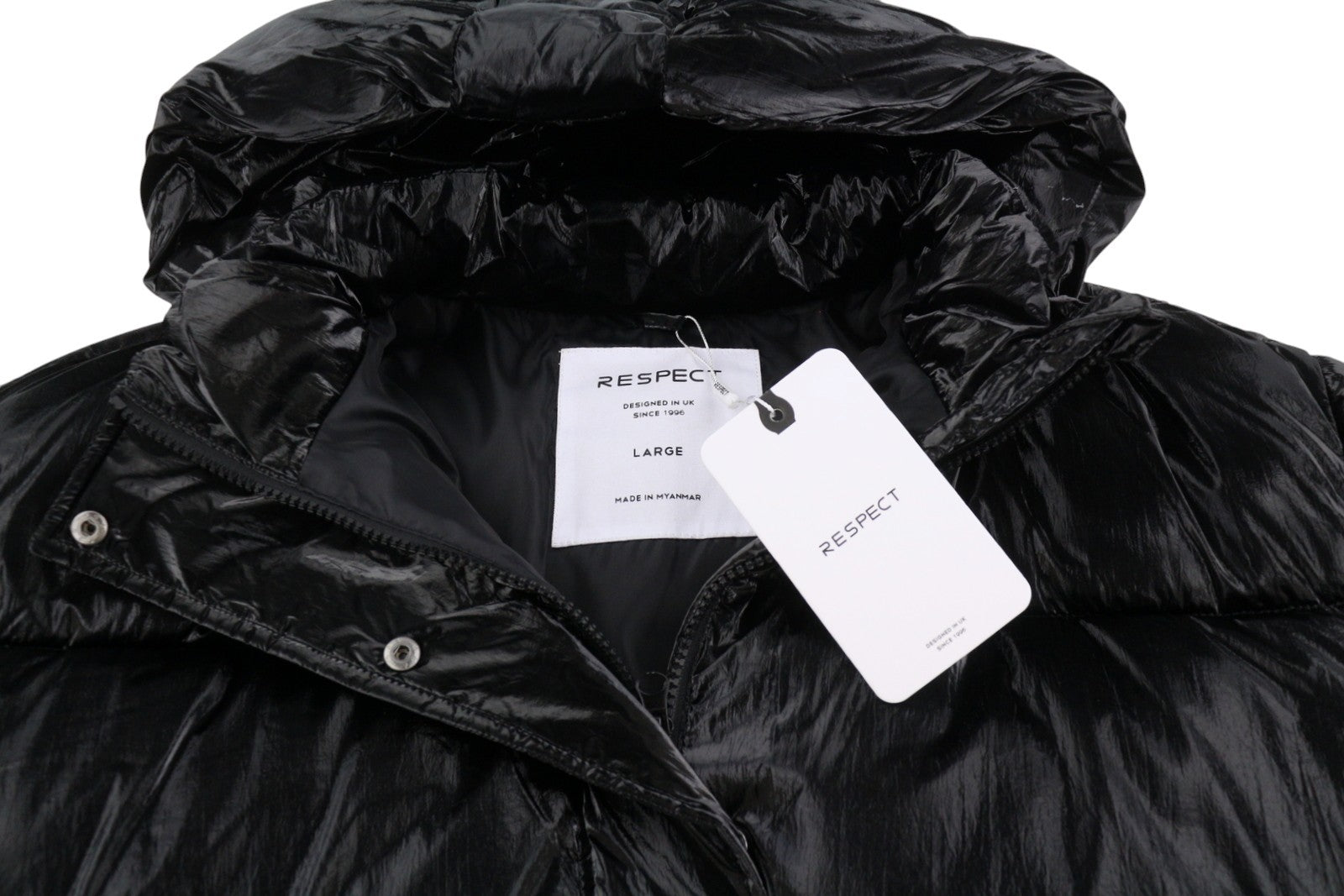 RESPECT Cropped Metallic Puffer Women Jacket L Black Hooded Quilted Zip Coat