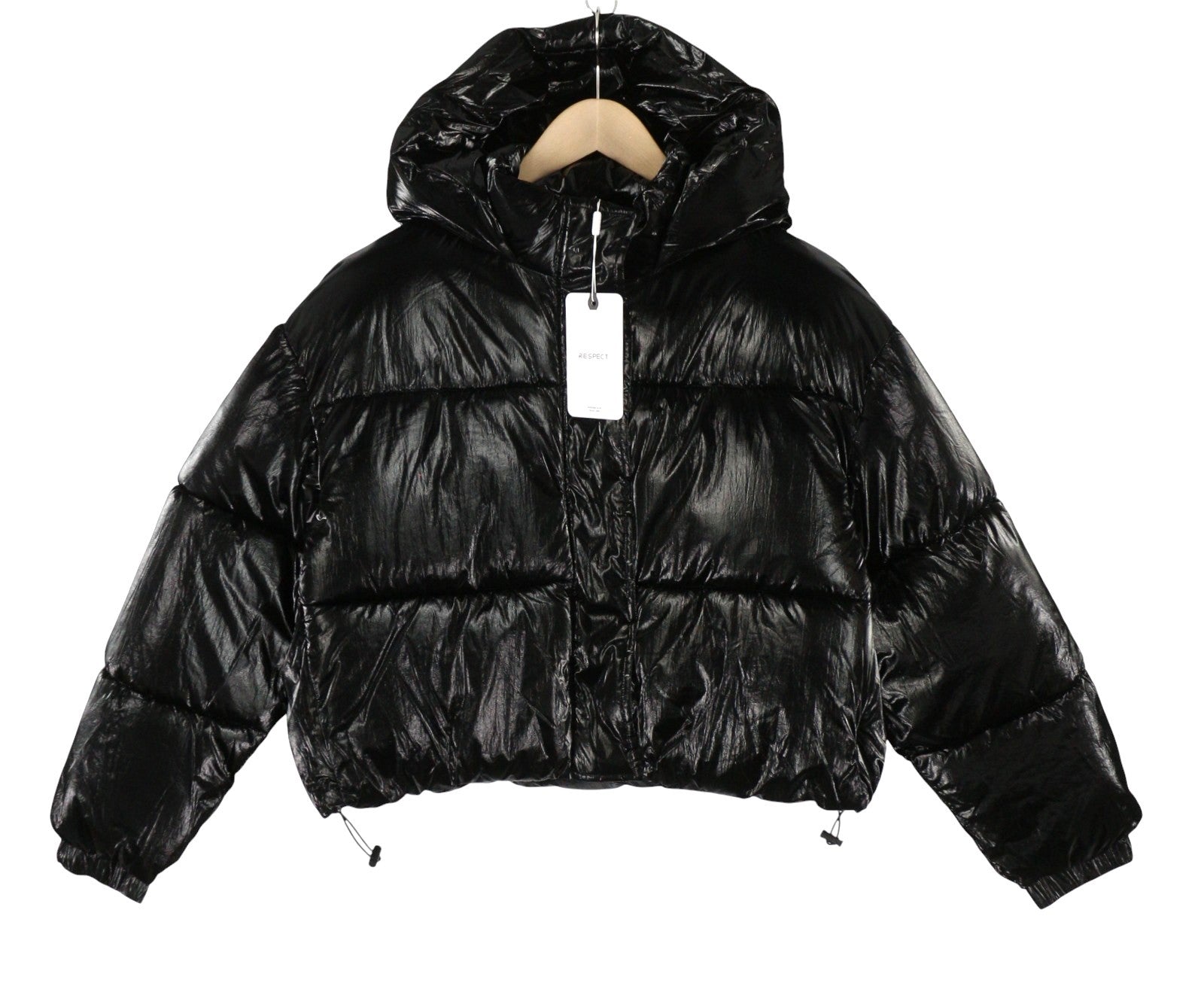 RESPECT Cropped Metallic Puffer Women Jacket XL Black Hooded Quilted Zip Coat