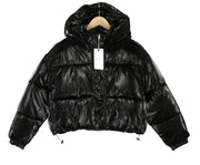 RESPECT Cropped Metallic Puffer Women Jacket XL Black Hooded Quilted Zip Coat