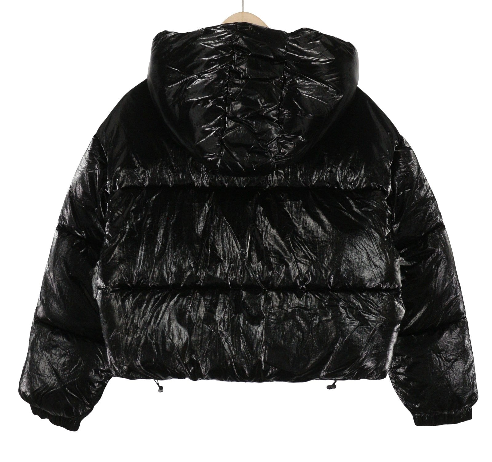 RESPECT Cropped Metallic Puffer Women Jacket XL Black Hooded Quilted Zip Coat