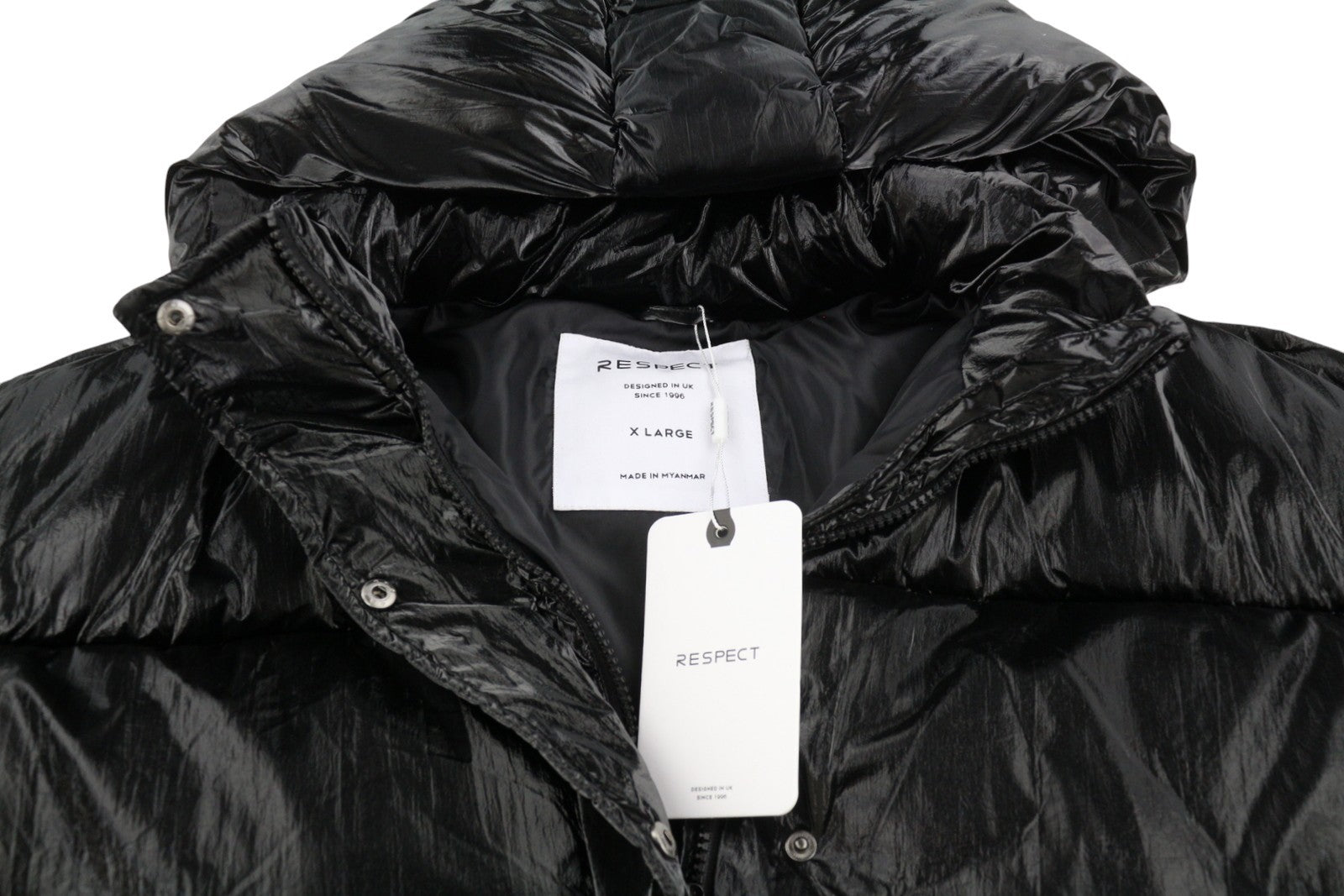 RESPECT Cropped Metallic Puffer Women Jacket XL Black Hooded Quilted Zip Coat