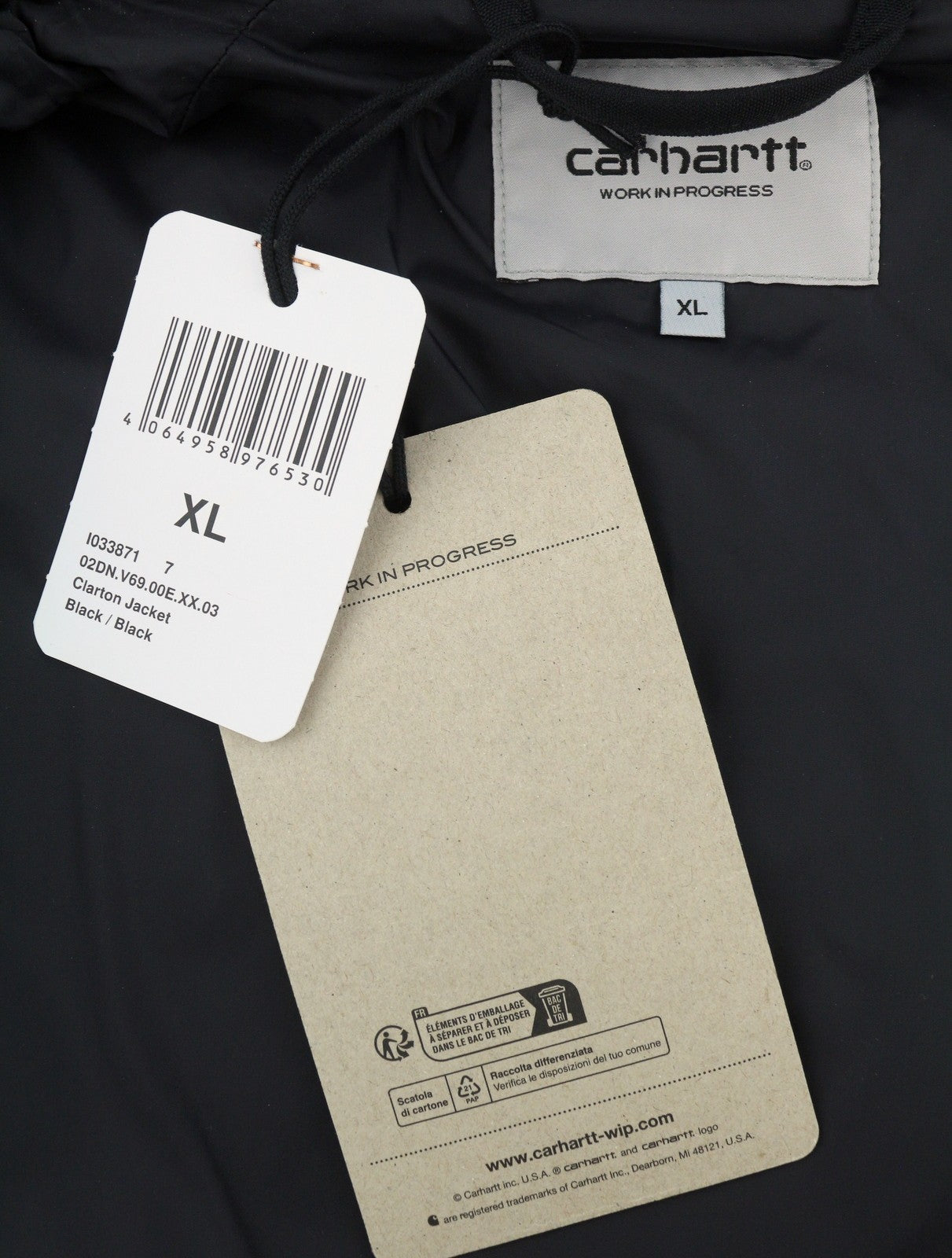 Carhartt Clarton Men Jacket XL Black Lightweight Hooded Full Zip Coat