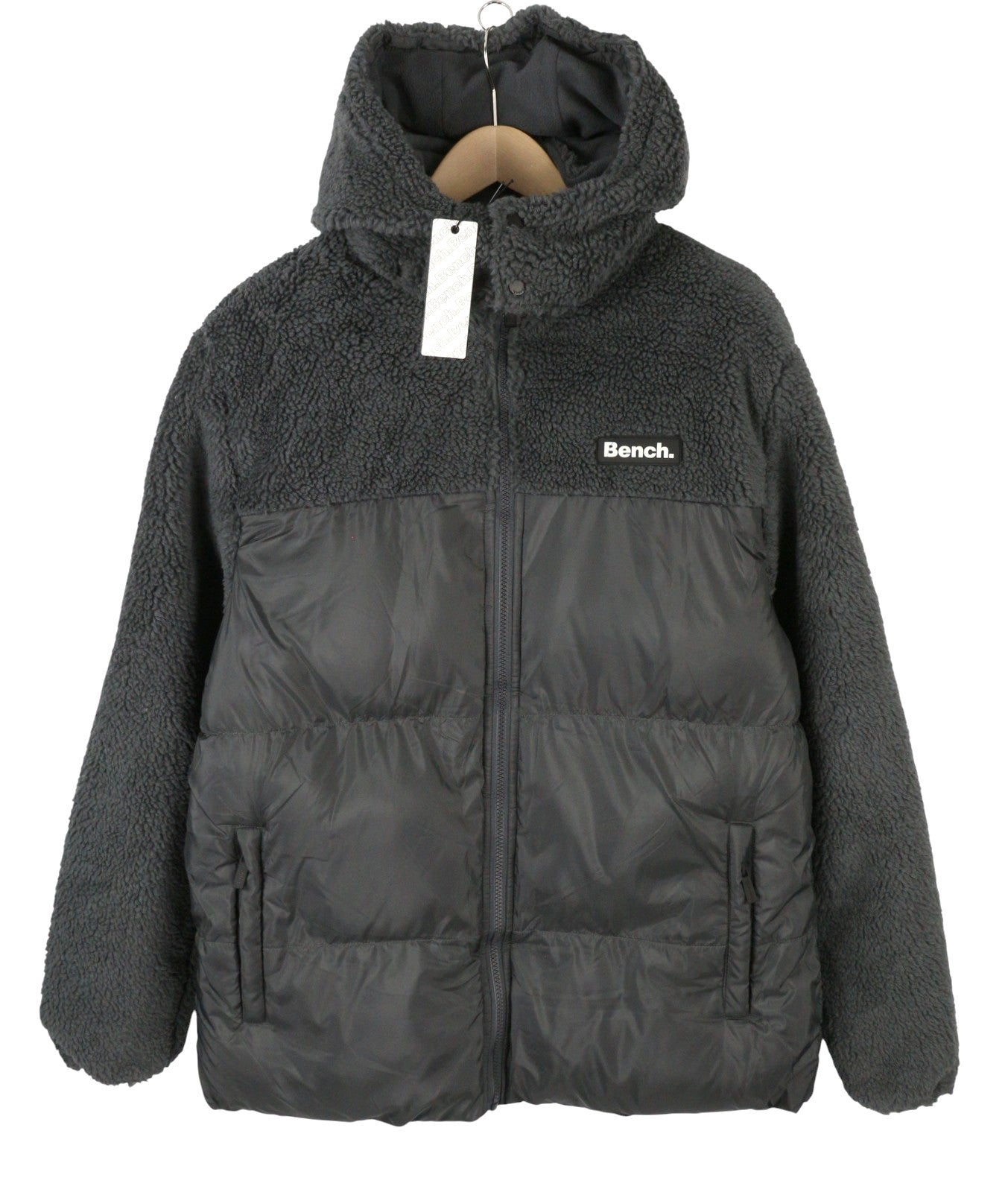 BENCH Detta Men Jacket XL Grey Quilted Hooded Zip Sherpa Lined Coat