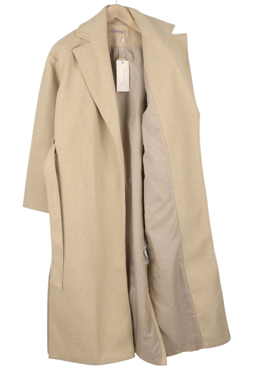 ANNA FIELD Women Coat L TALL Beige Melange Notch Lapel Belted Coat