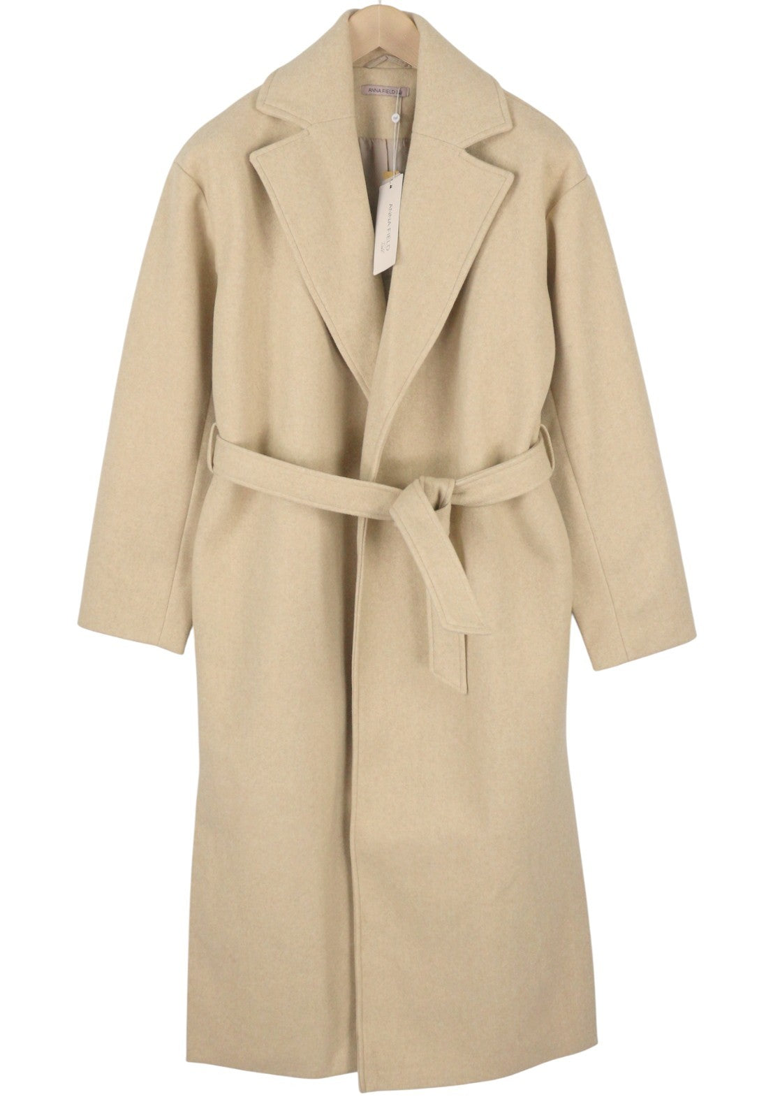 ANNA FIELD Women Coat L TALL Beige Melange Notch Lapel Belted Coat
