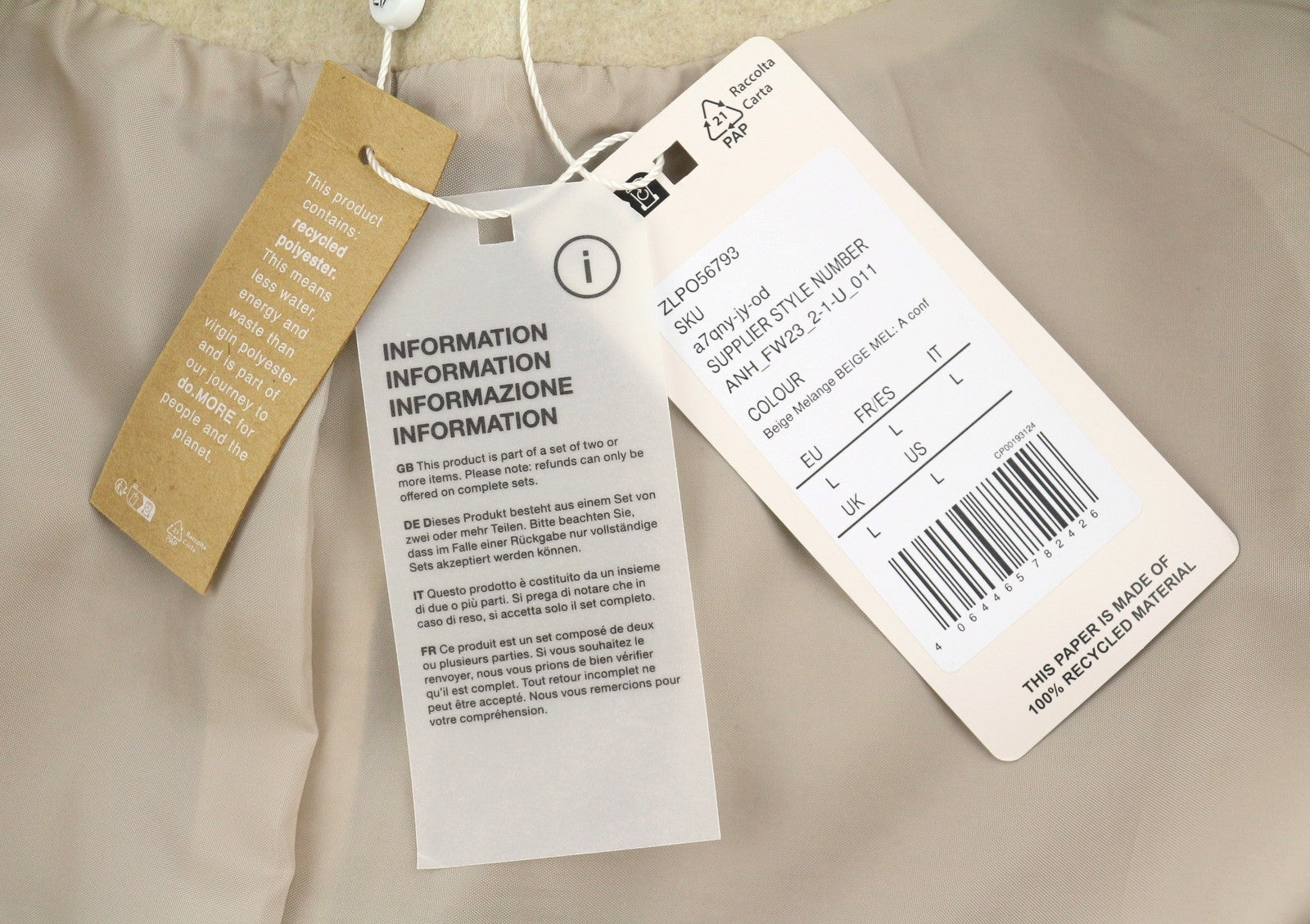 ANNA FIELD Women Coat L TALL Beige Melange Notch Lapel Belted Coat