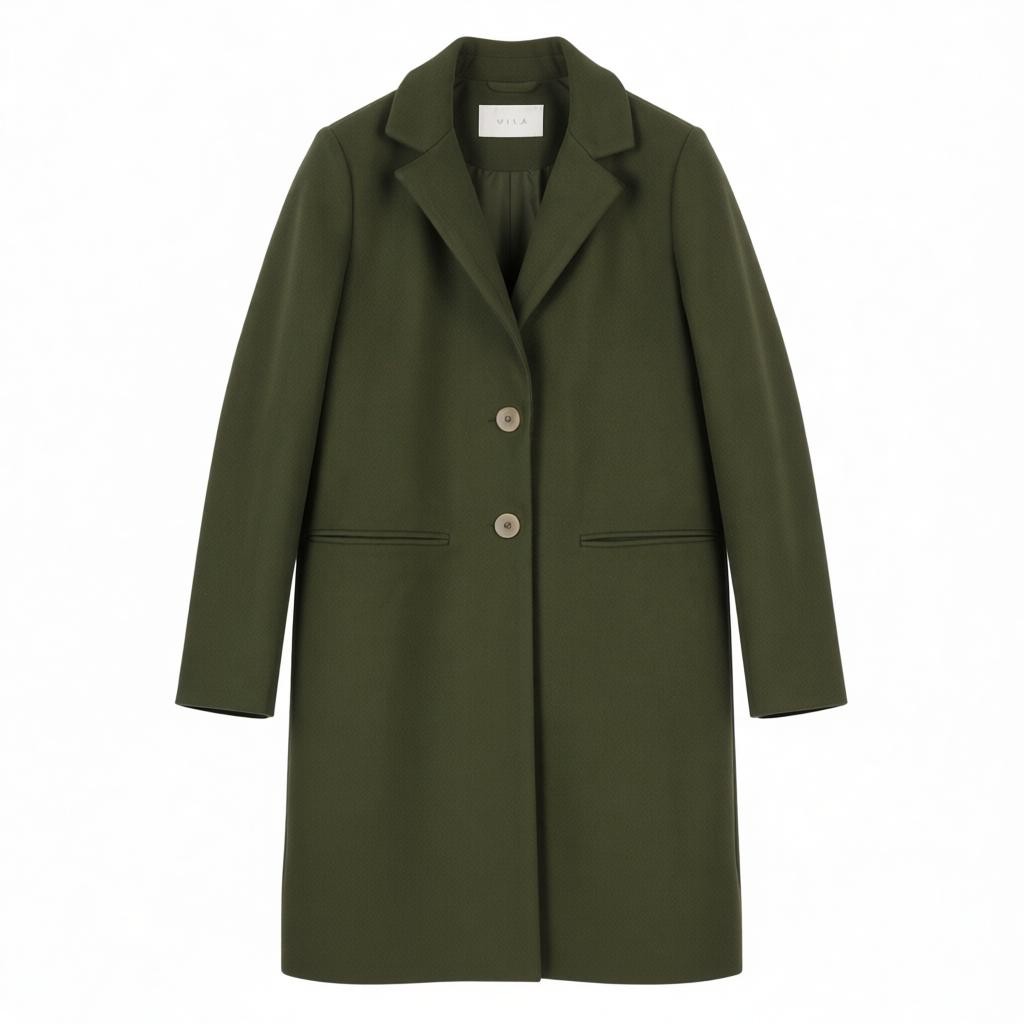 VILA Jully Women Coat EU36 Green Notch Lapel Button Closure Mid Length