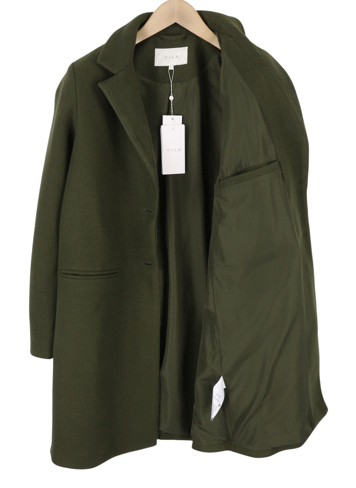 VILA Jully Women Coat EU36 Green Notch Lapel Button Closure Mid Length