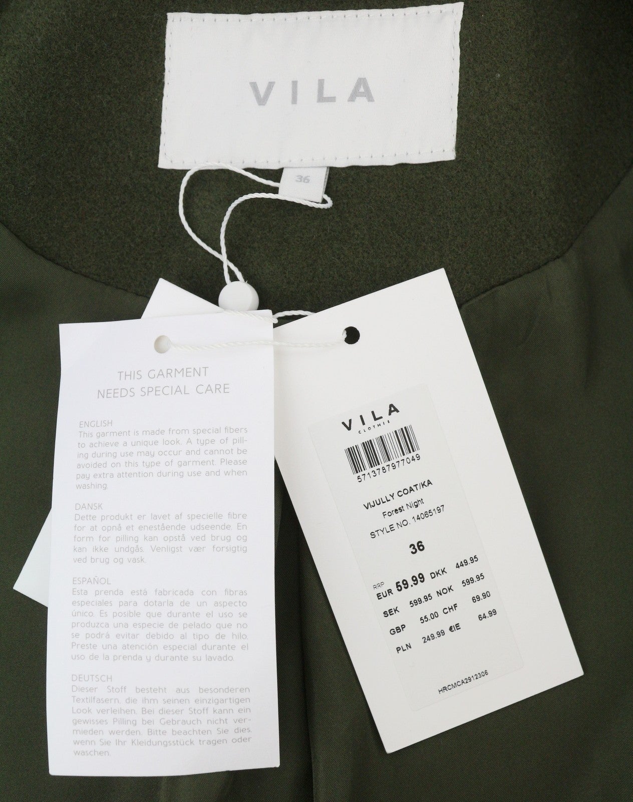VILA Jully Women Coat EU36 Green Notch Lapel Button Closure Mid Length