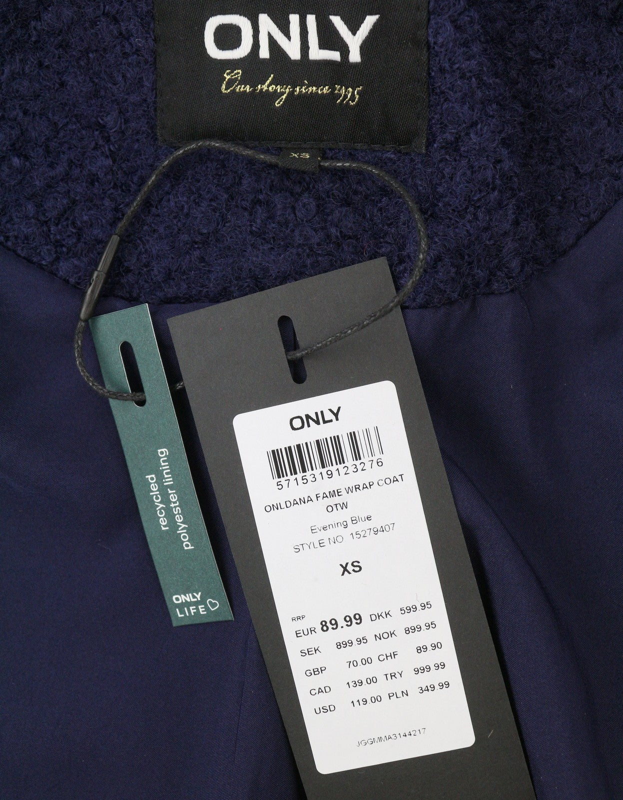 ONLY Dana Fame Wrap Women Coat XS Evening Blue Belted Snap Closure Coat