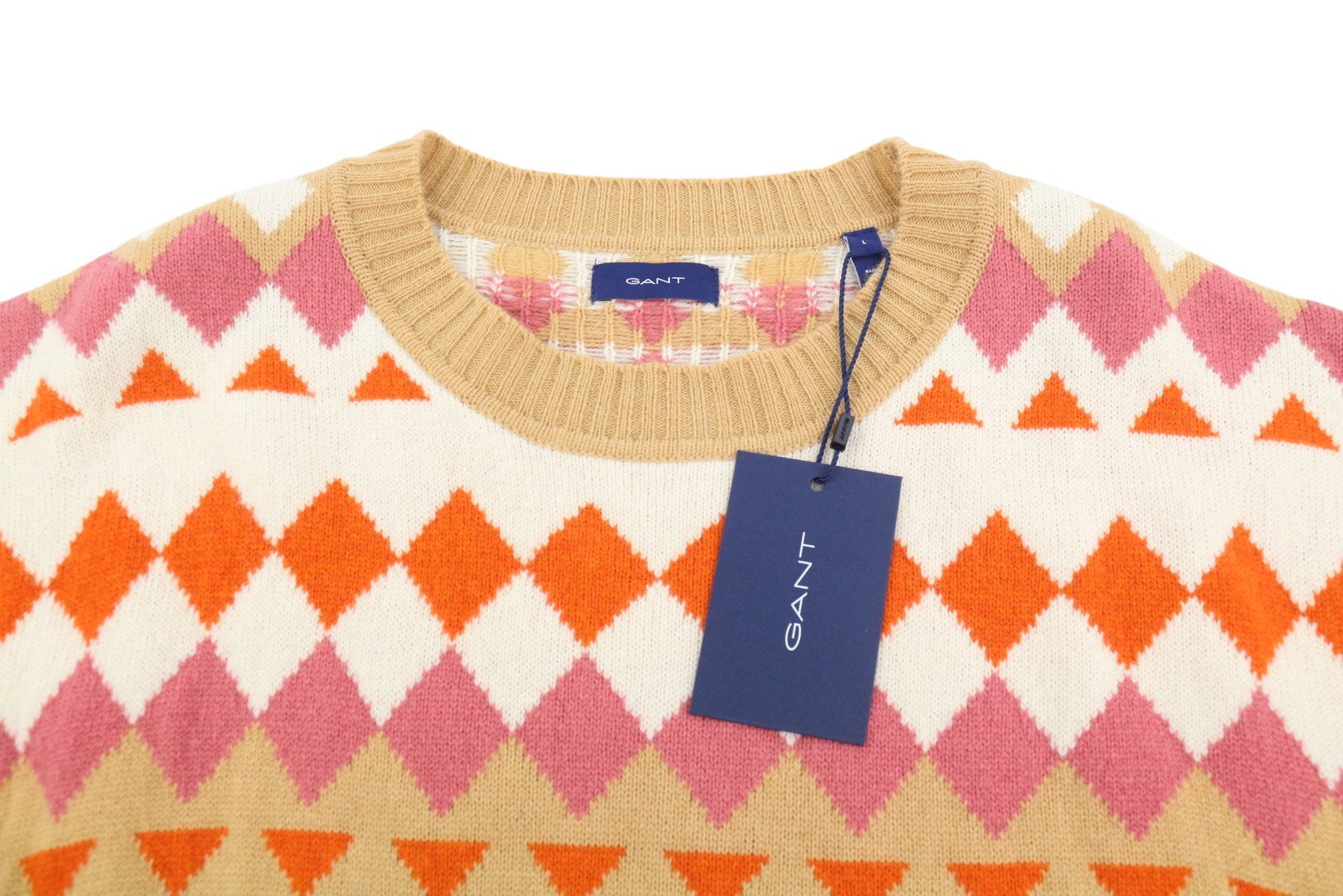 GANT Fairisle C Neck Women Jumper L Toffee Beige Wool Cashmere Knit Pull On
