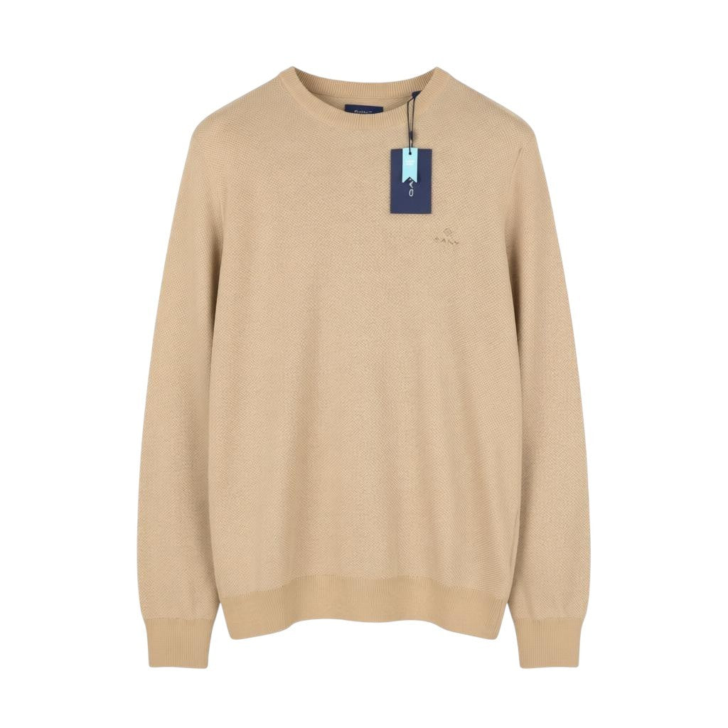 GANT Multi Texture Pique C Neck Men Jumper L Khaki Melange Knit Pull On