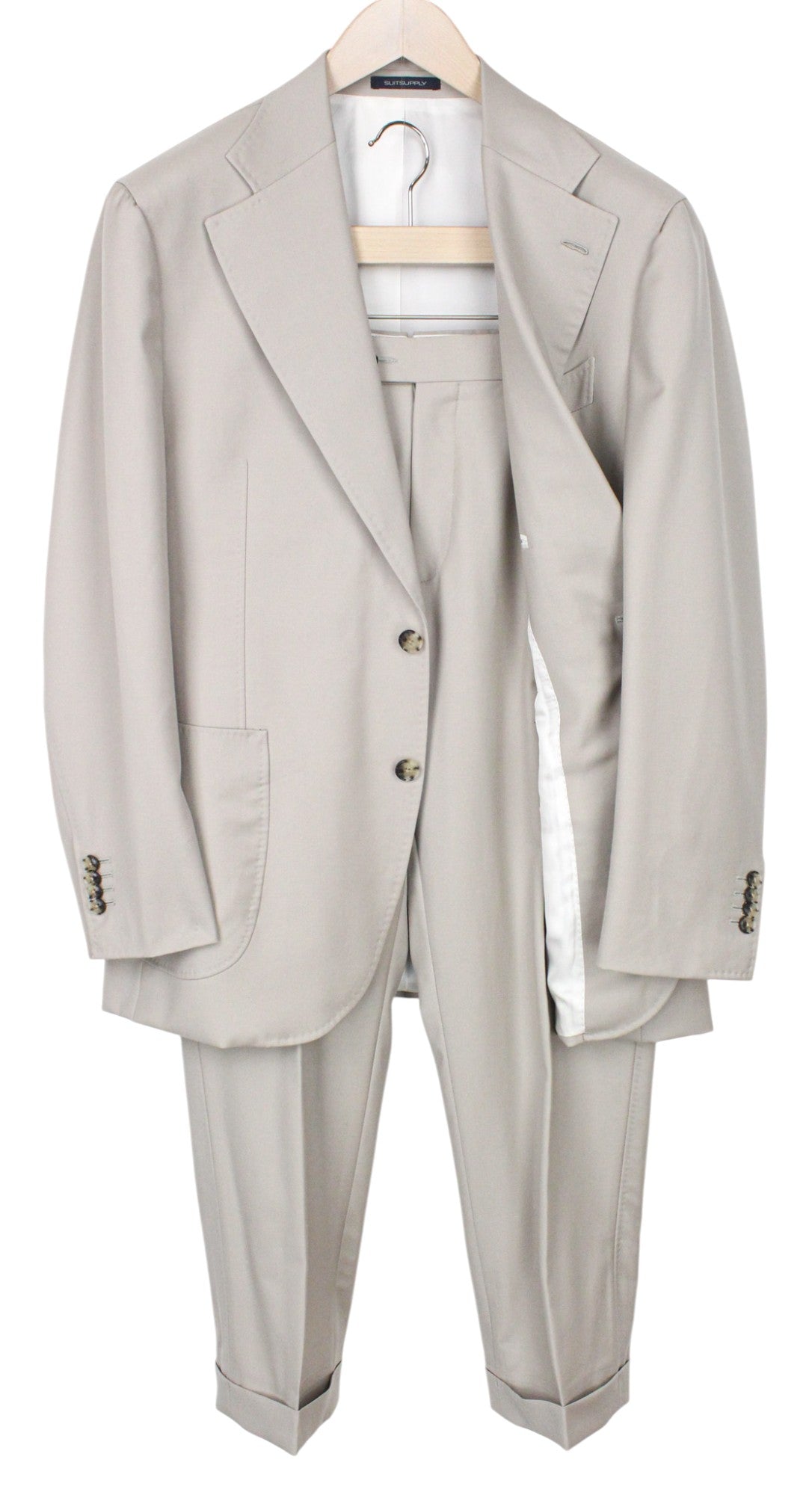 SUITSUPPLY La Spalla Men Suit UK44S Light Beige 2-Piece Slim Melange Wool Twill