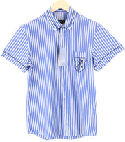 RICHMOND  Men Shirt 48 Blue Logo Pure Cotton Striped Pocketed Short Sleeved