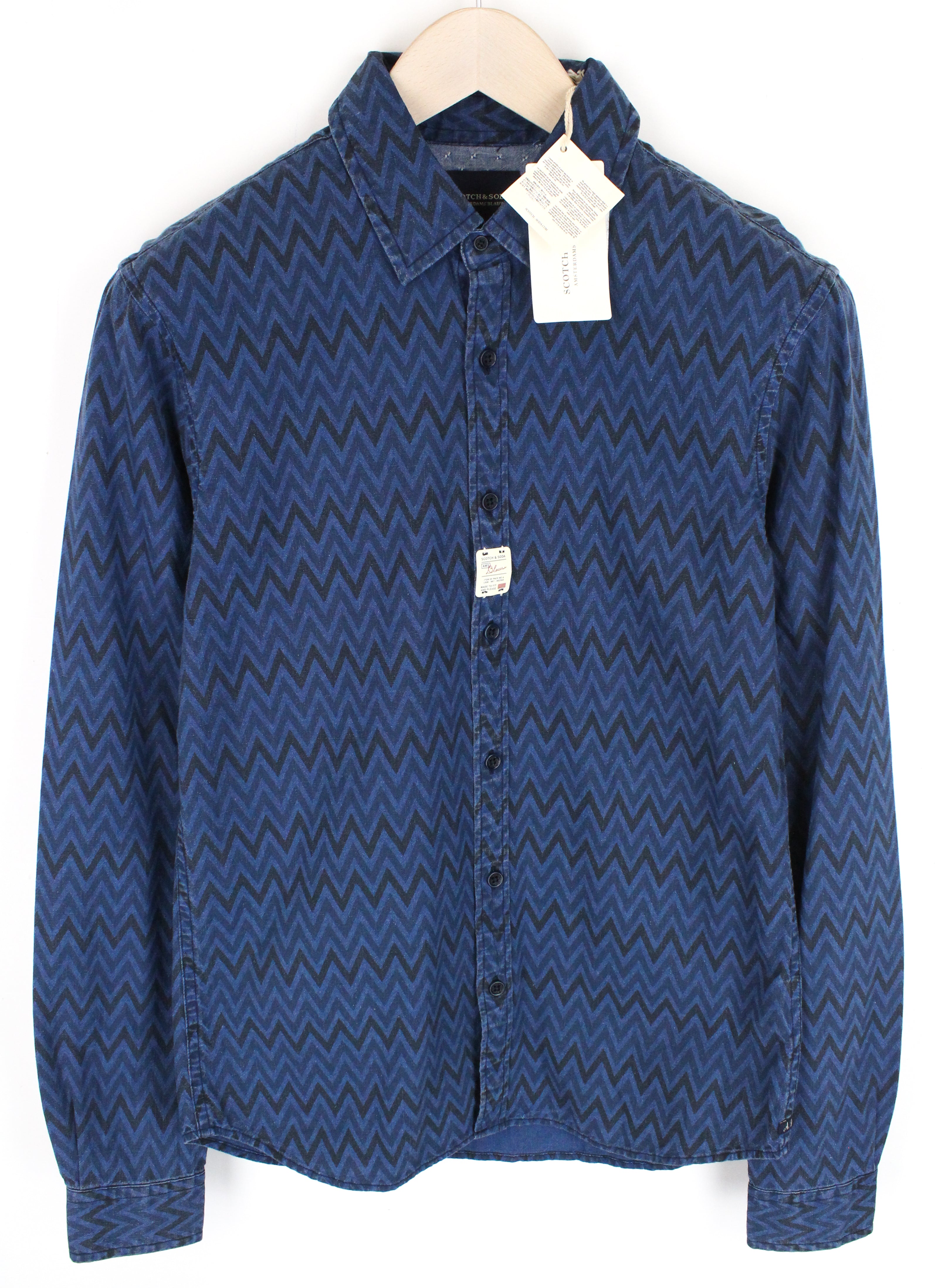 SCOTCH & SODA Ams Blauw Men Shirt S Blue Pure Cotton Denim Style Patterned