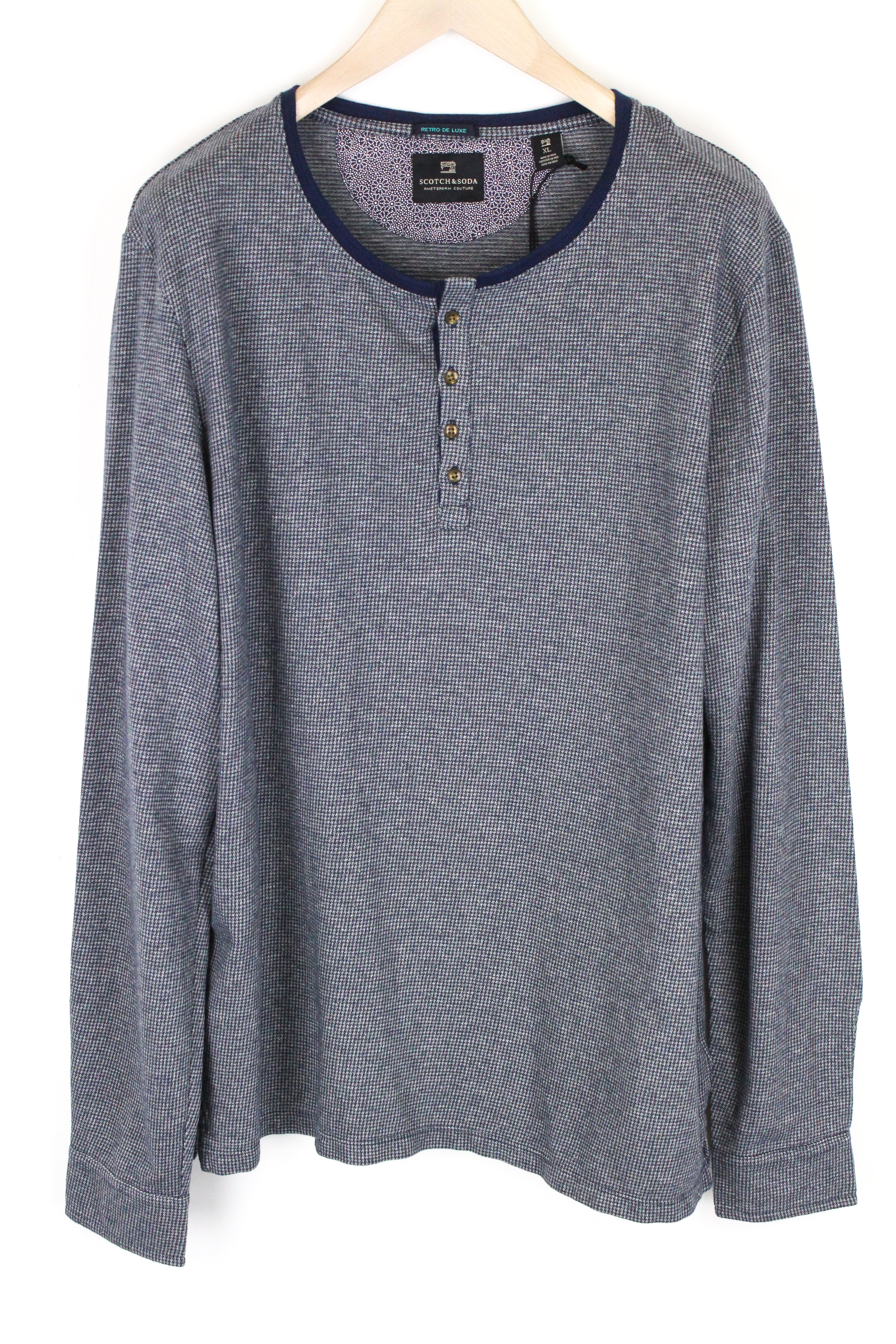 SCOTCH & SODA Ams Couture Men's Henley Pullover Sweatshirt XL Grey Blue Cotton