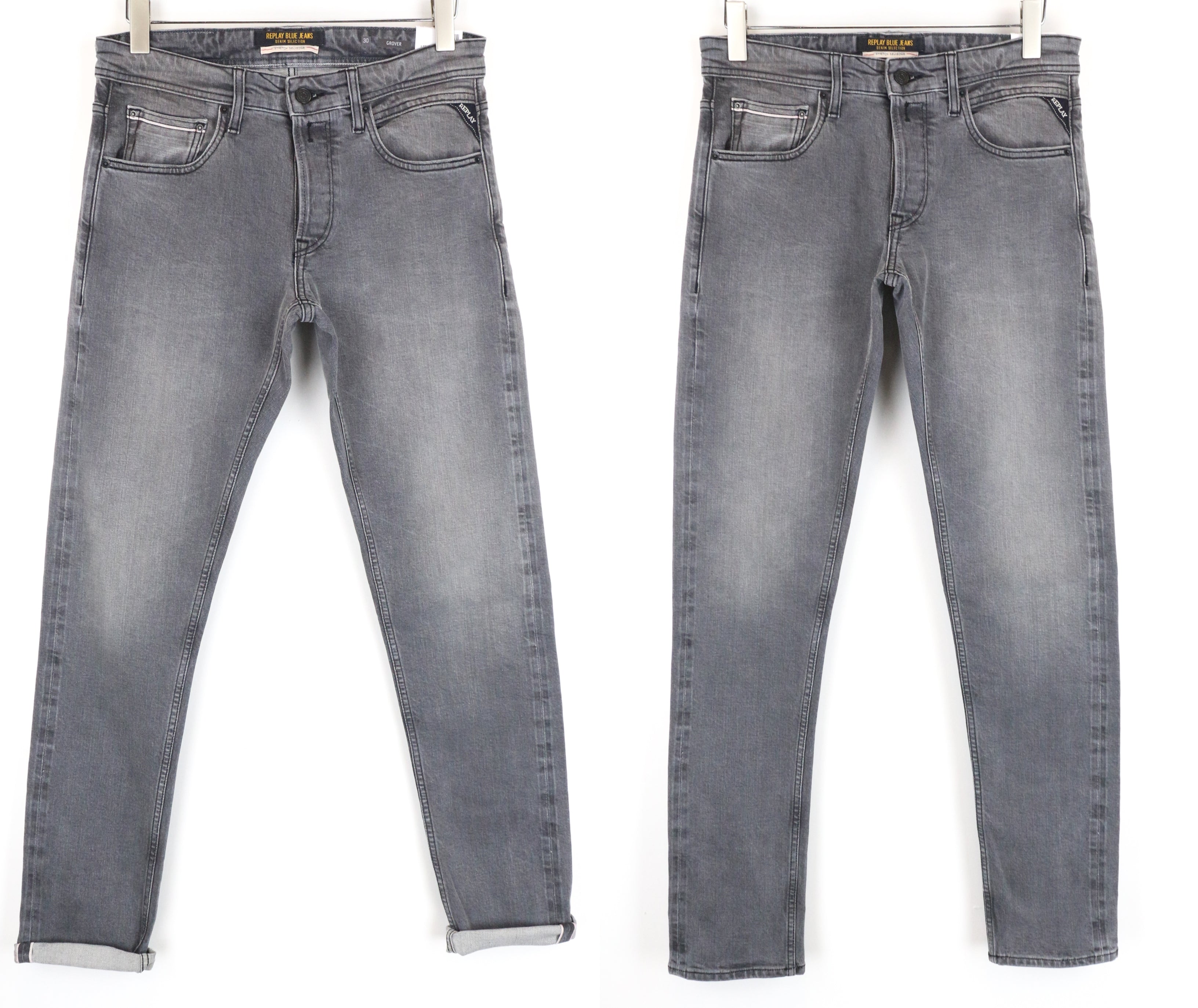 REPLAY Grover Men Jeans W30/L34 Selvedge Straight Grey Cotton Stretch Washed