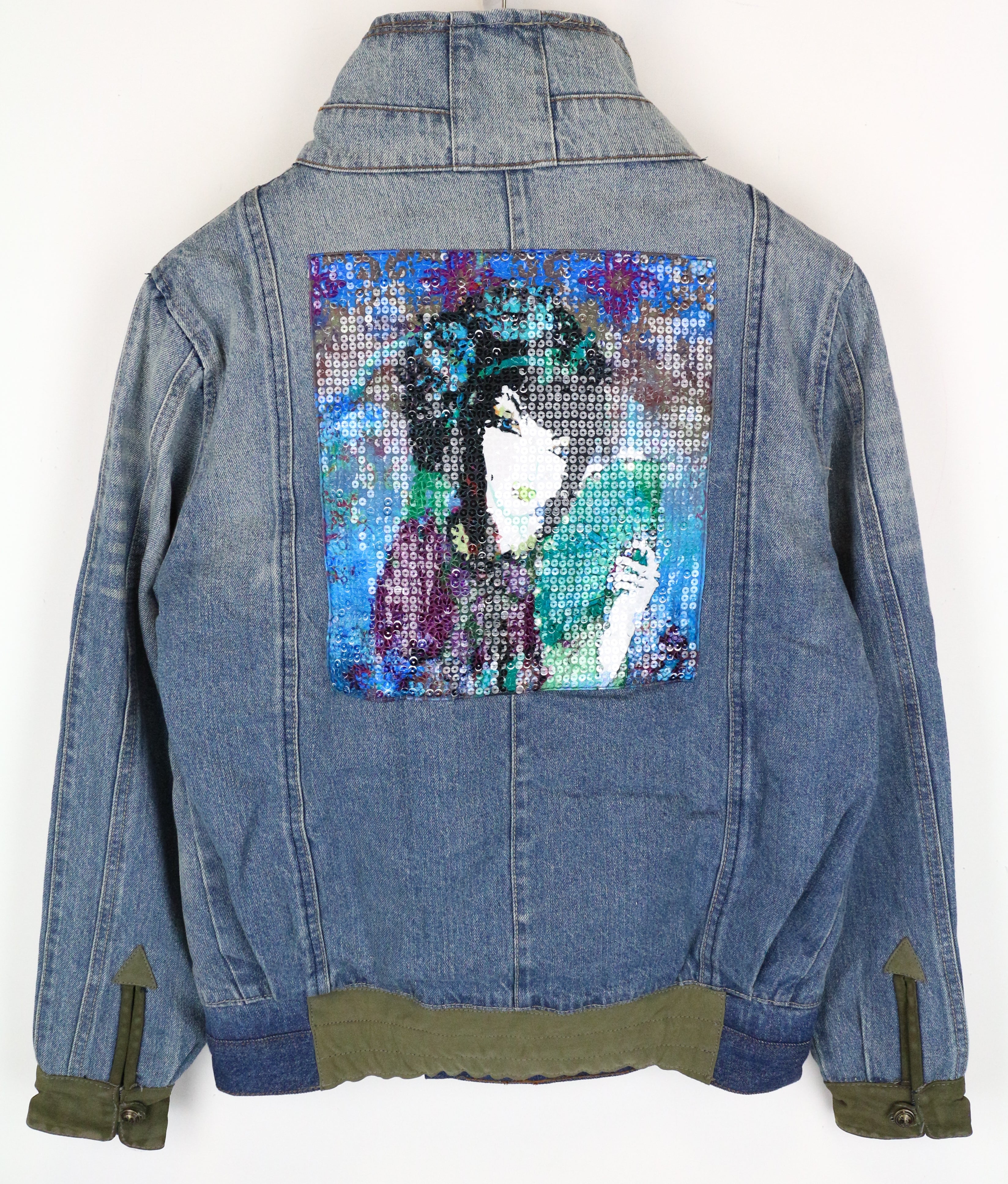 DESIGUAL Blue Denim Jacket 38 Women's Geisha Sequins Pure Cotton Washed Look