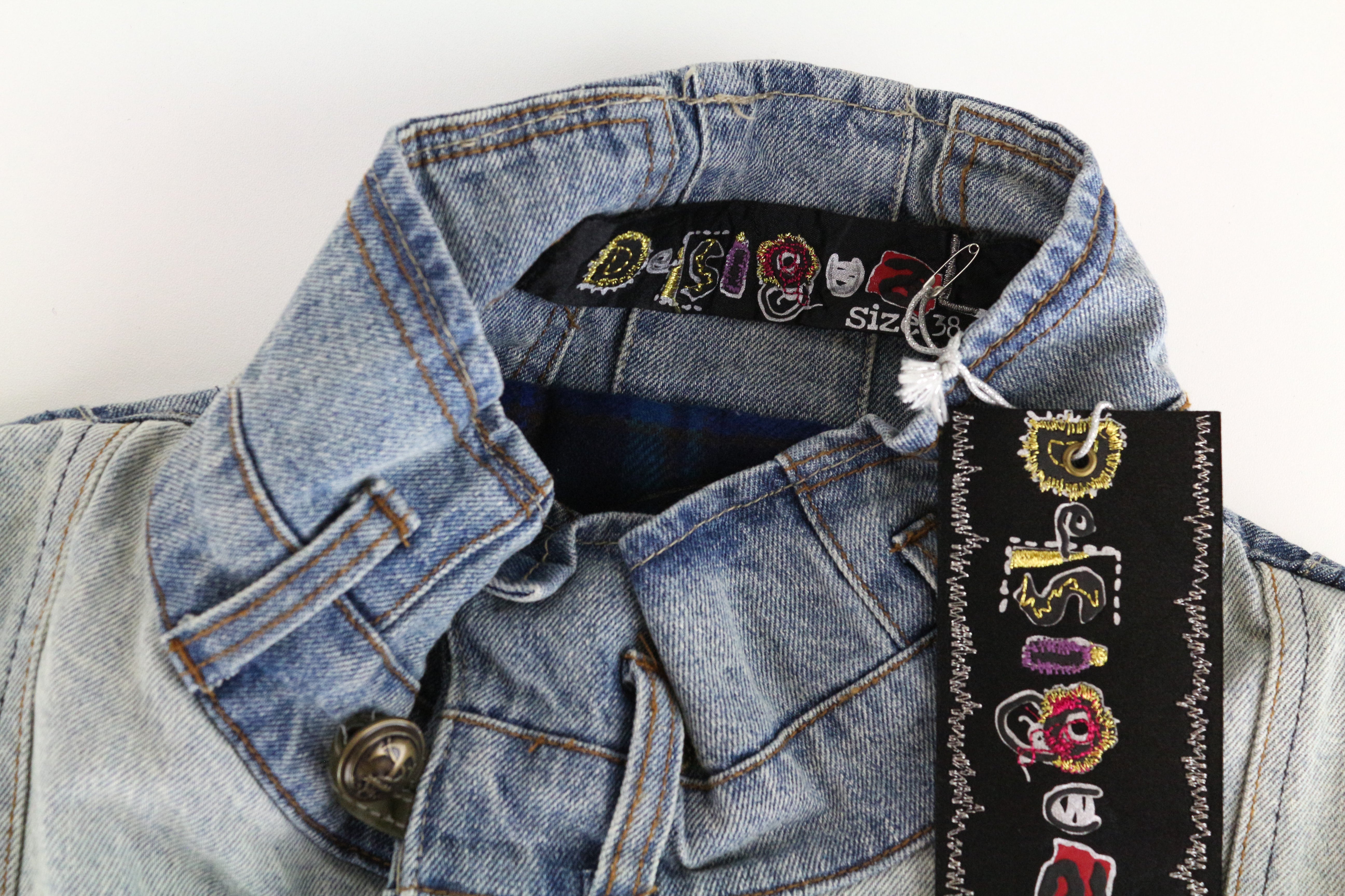 DESIGUAL Blue Denim Jacket 38 Women's Geisha Sequins Pure Cotton Washed Look