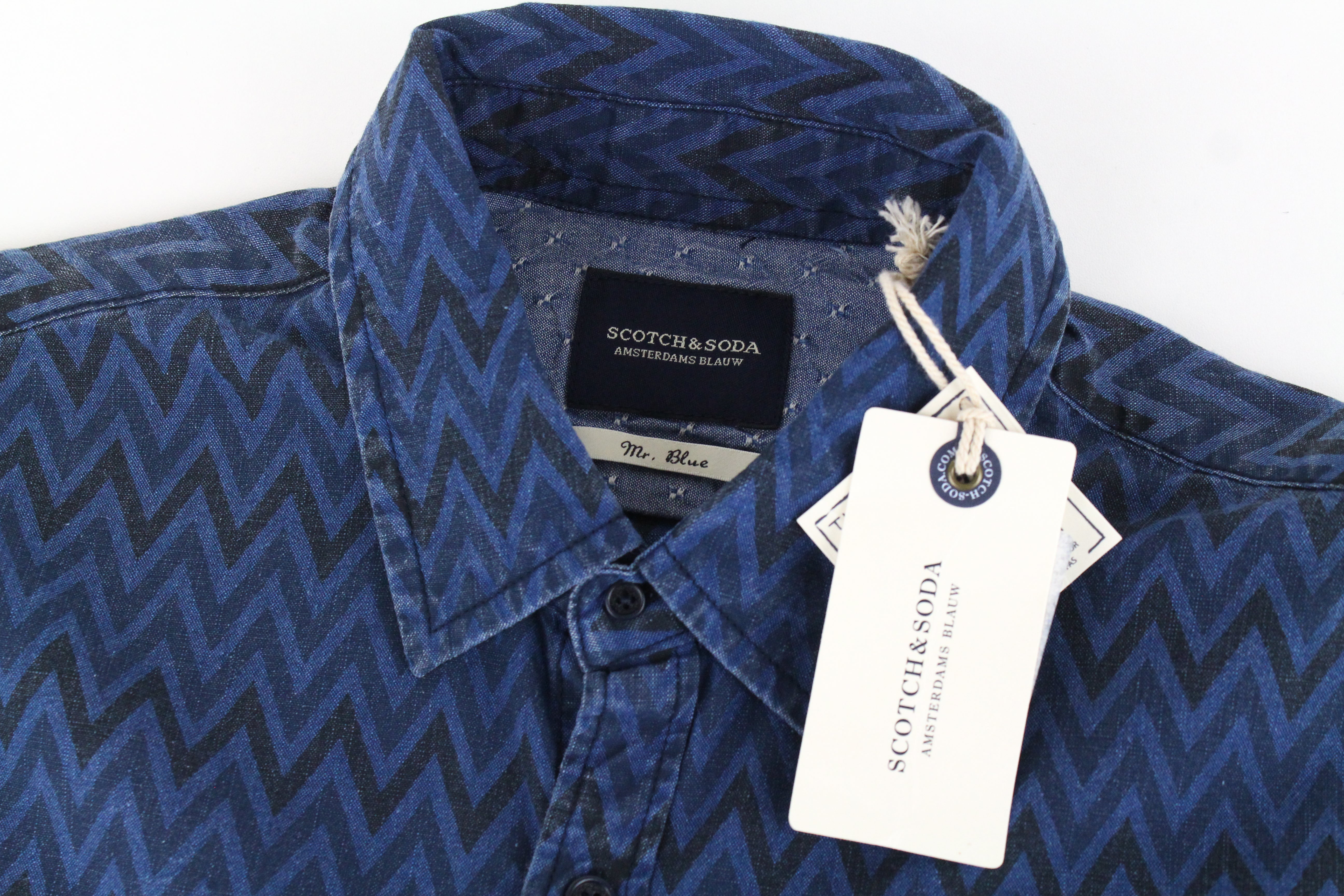 SCOTCH & SODA Ams Blauw Men Shirt S Blue Pure Cotton Denim Style Patterned
