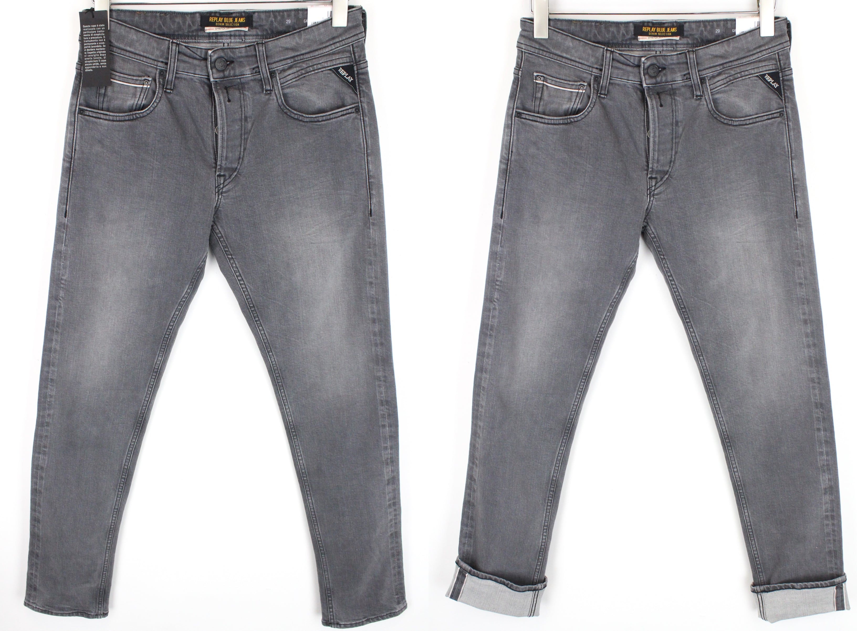 REPLAY Grover Men Jeans W29/L32 Straight Fit Cotton Stretch Grey Selvedge