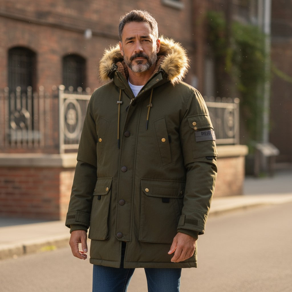 DIESEL W-Colby Mens Jacket S Khaki Parka Insulated Hooded Pockets RRP395