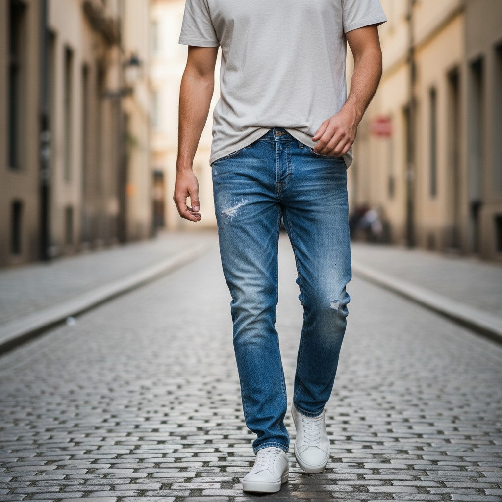 TAKESHY KUROSAWA Men Jeans W34 Slim Blue Cotton Painted Washed Fit Pants