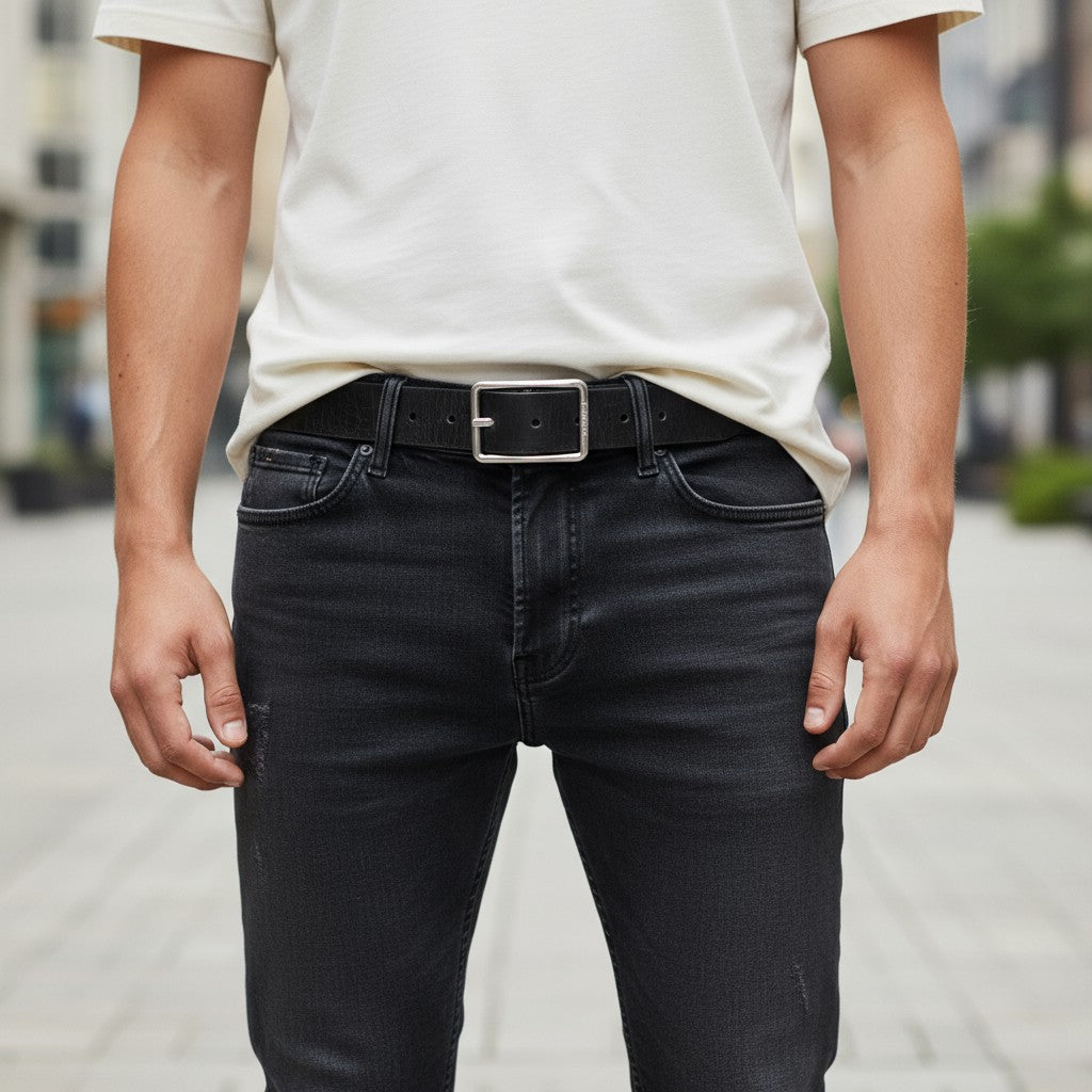 DIESEL B-Photo Men's Belt 95 CM Black Leather Silver Tone Buckle Reversible Logo