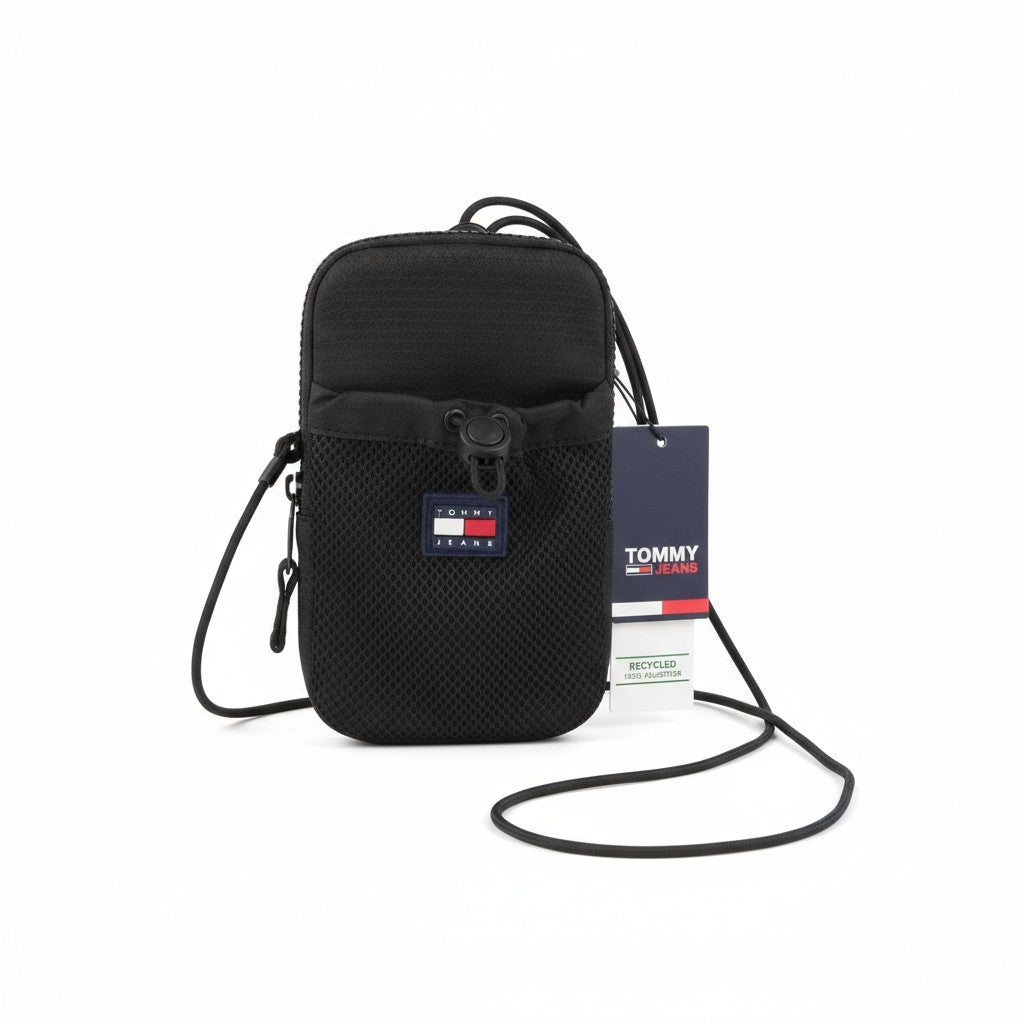 TOMMY HILFIGER Modern Tech Phone Pouch Men Bag Black Zipper Drawstring Unisex