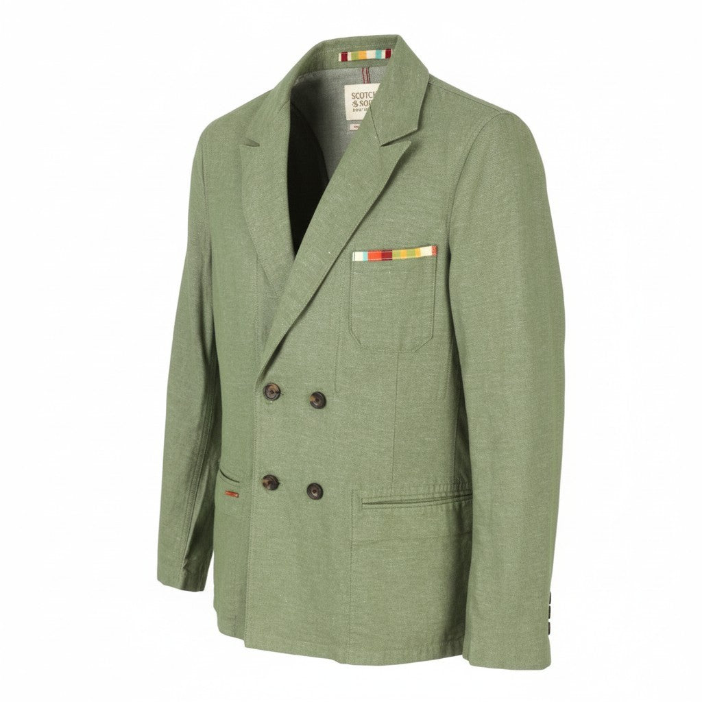 SCOTCH & SODA Men Blazer M Green Melange Peak Lapel Double-Breasted Unlined