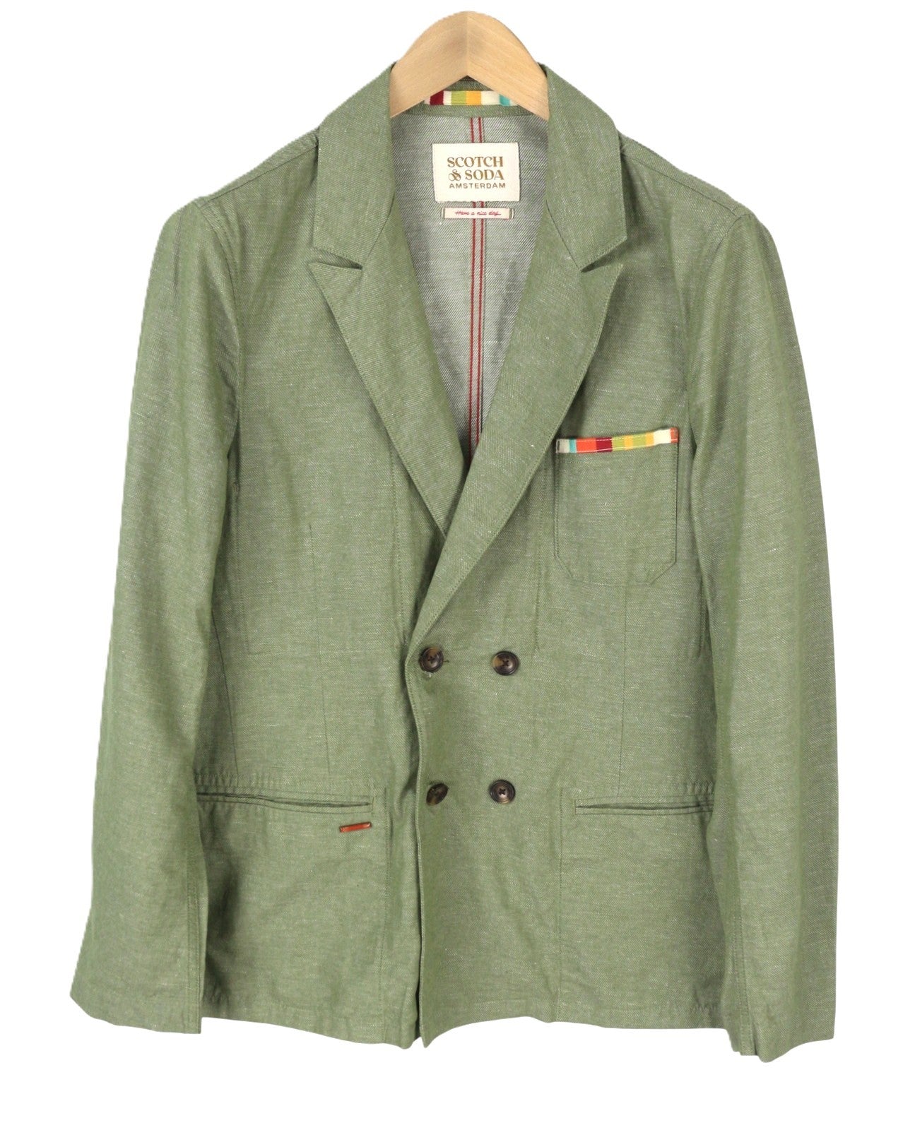 SCOTCH & SODA Men Blazer M Green Melange Peak Lapel Double-Breasted Unlined